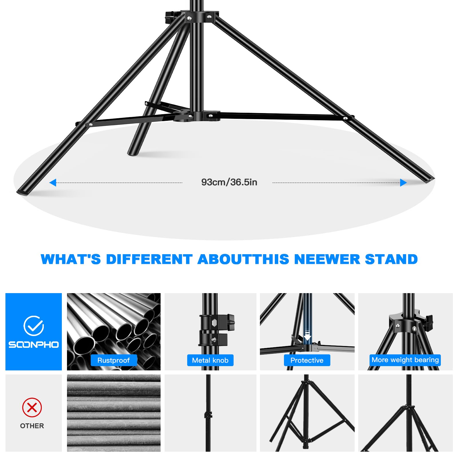 Soonpho Heavy Duty Light Stand 9.8Ft / 3M Adjustable 10Kg/ 22Lb Max Loading Photography Air Cushioned Tripod Stand With 1/4" Thread Used For Video Light, Strobe, Reflectors, Umbrella, Softboxes