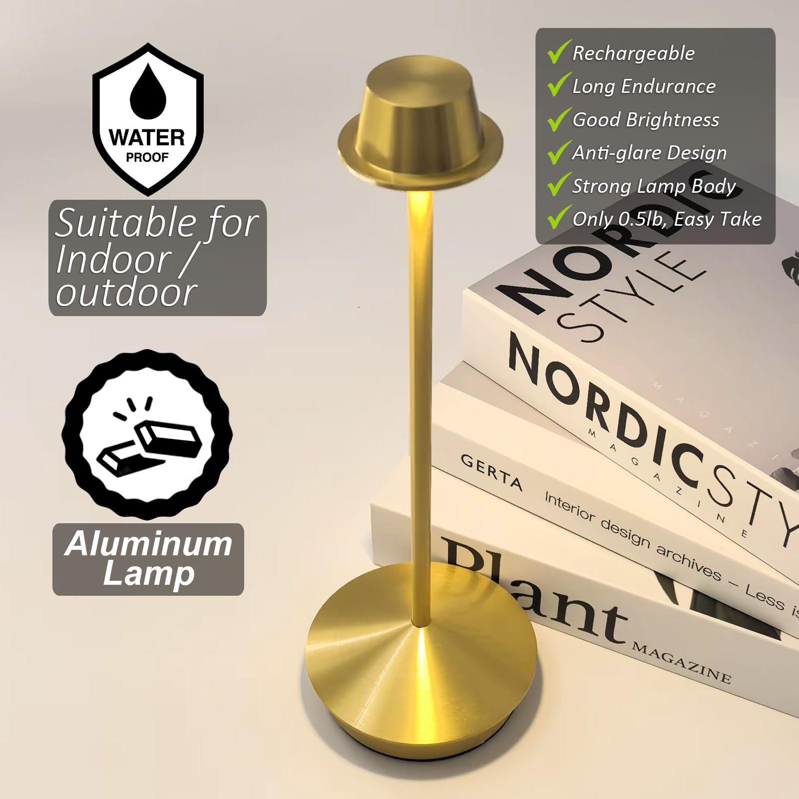 Reddragon Lighting 10000Mah Rechargeable Battery Powered Gold Table Lamps Cordless Set Of 2 Waterproof Outdoor Small Decor Desk Lights Pina Table Ambient Lamps For Living Room, Bedroom, Kitchen (2 Pack, Gold)