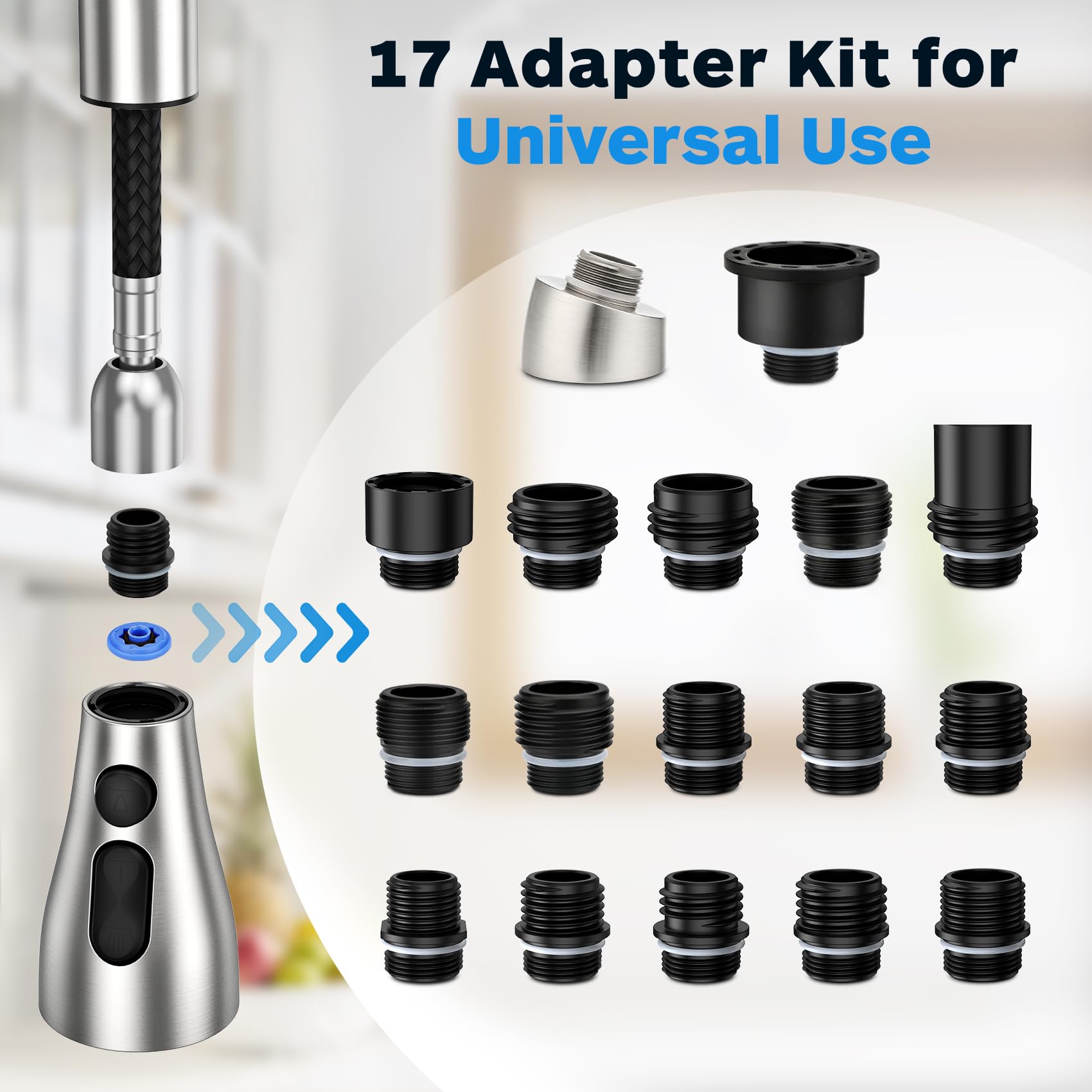 Ifaucet Kitchen Faucet Head Replacement 3 Modes With 17 Adapters, Pull Down Spray Head For Kitchen Faucet, Kitchen Sink Faucet Head G 1/2, Sprayer Head Replacement, Compatible With Moen，Delta, Kohler Faucets