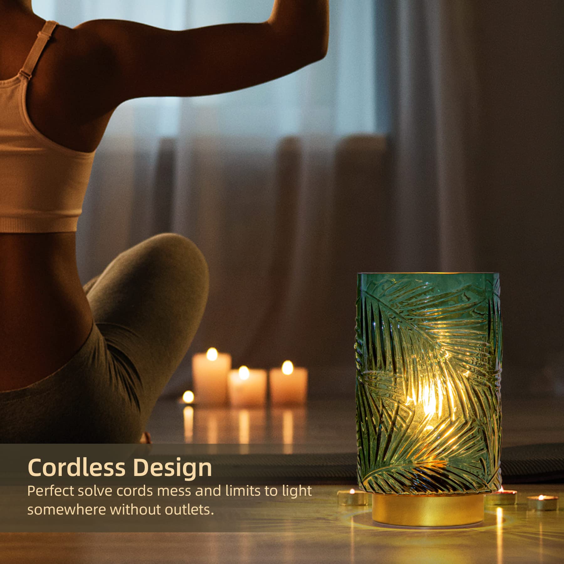 Mj Premier Battery Operated Table Cordless Lamps For Home Decor, Nightlight With Led Bulb With Timer, Decorative Lights For Living Room Bedroom Tabletop Entryway Centerpiece (L Green)