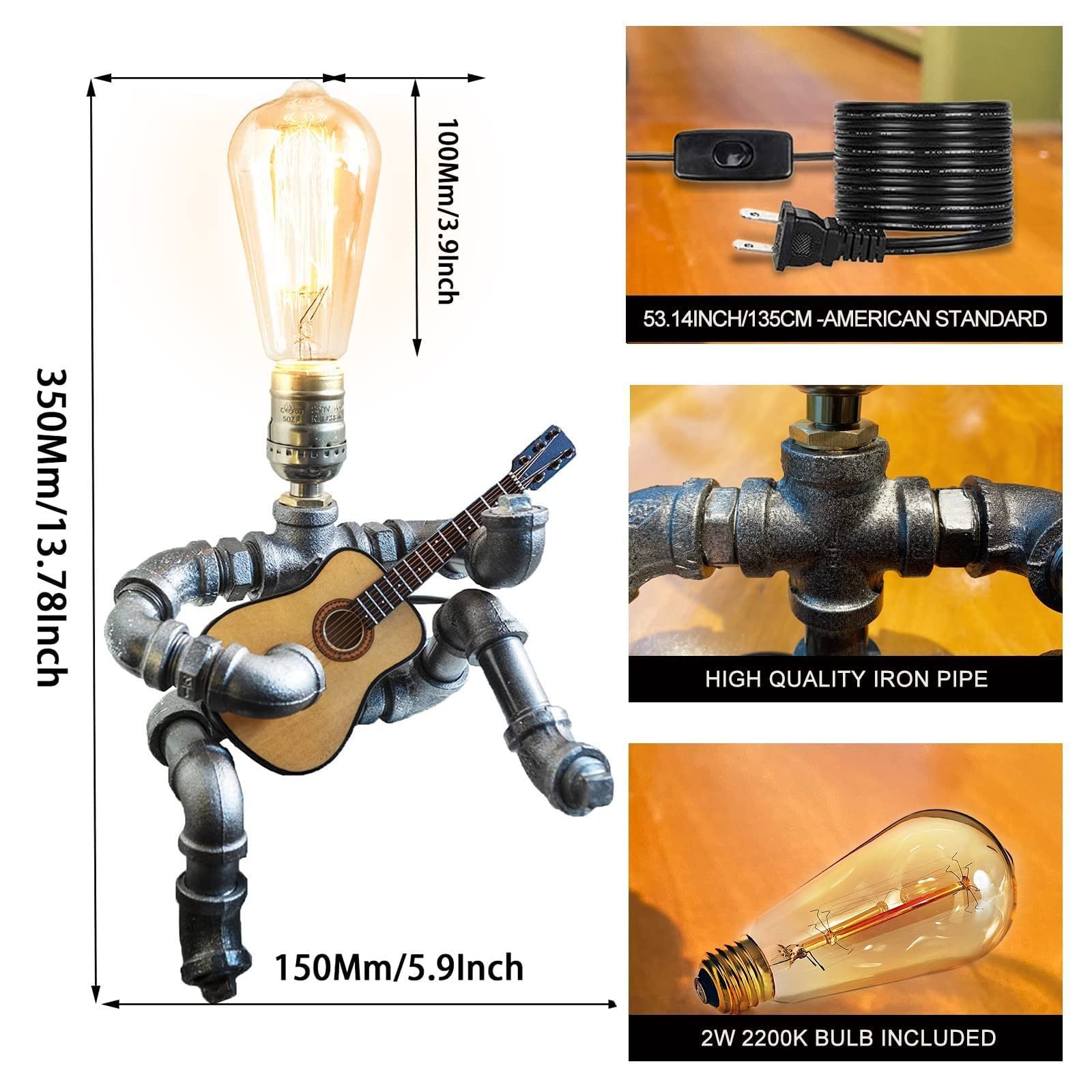 Wibota Music Guitar Table Lamp Art Decor Guitar Stuff Cool For Music Art Lovers Microphone Players For Men Steampunk Pipe Man Edison Bulb Lamps Retro Guitars Metal Pipe Industrial Robot Lights