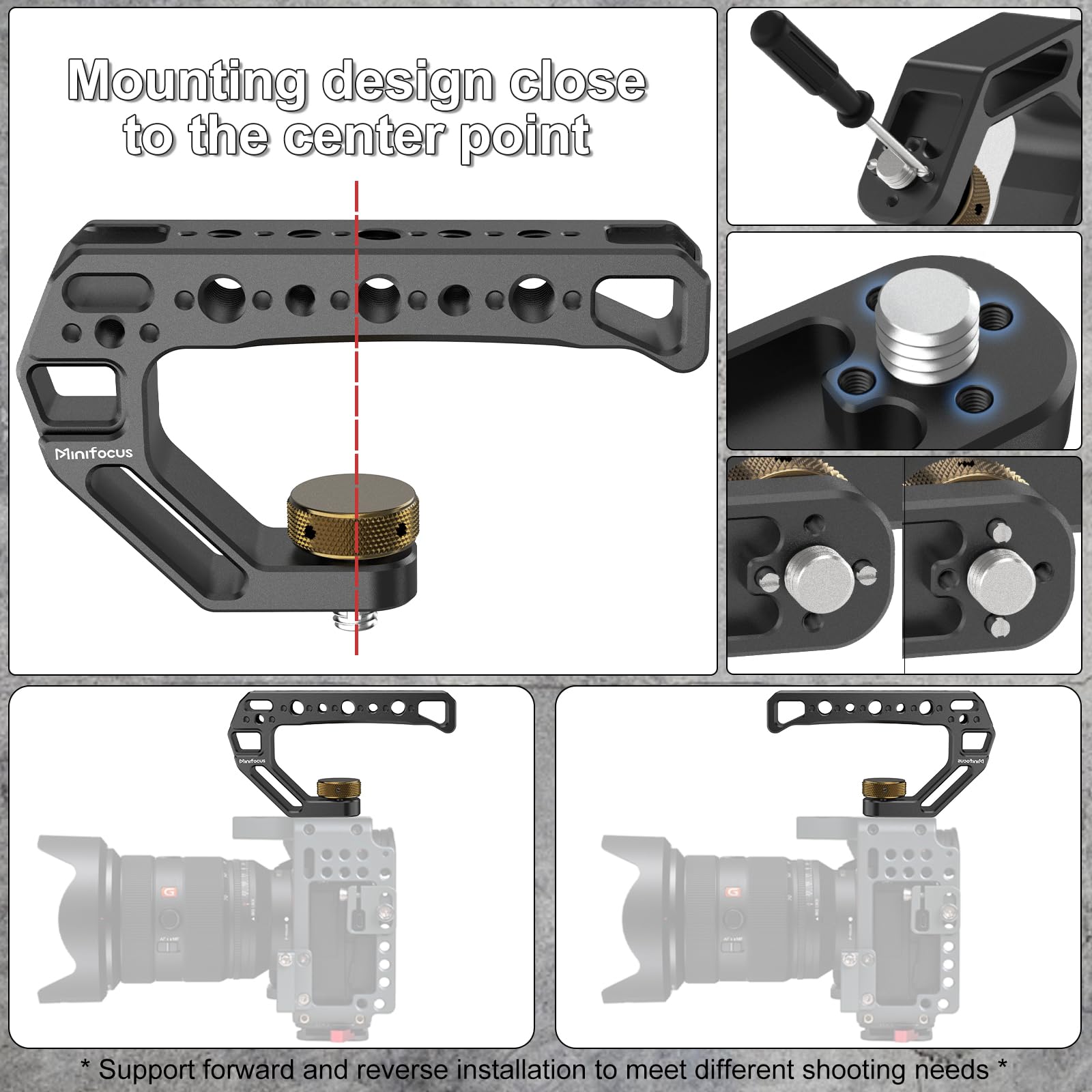 Minifocus Camera Top Handle With 3/8"-16 Locating Pins For Arri Grip For Camera Cage, Universal Top Handgrip With 5 Cold Shoe Adapters, Ergonomic Design, 1/4" And 3/8" Threads With Microphone/Led Light/Monitor