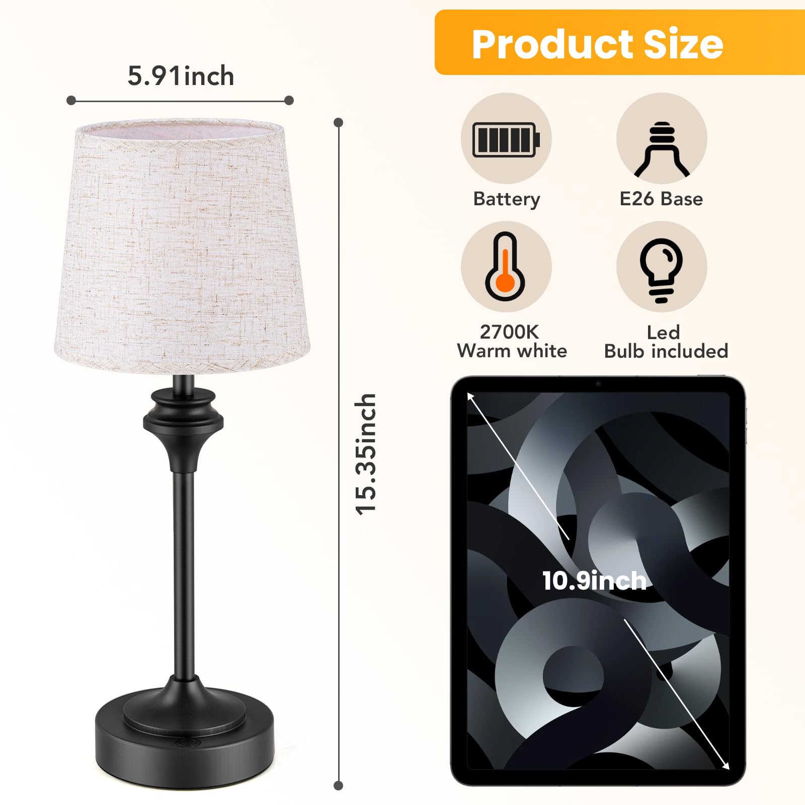 Niorsun Portables Cordless Table Lamp Set Of 2,Flaxen Fabric Shade Battery Operated Lamp, Bedside Table Lamp With Warm White,3 Way Dimmable Touch Desk Lamp For Bedroom Living Room Restaurant (Black)