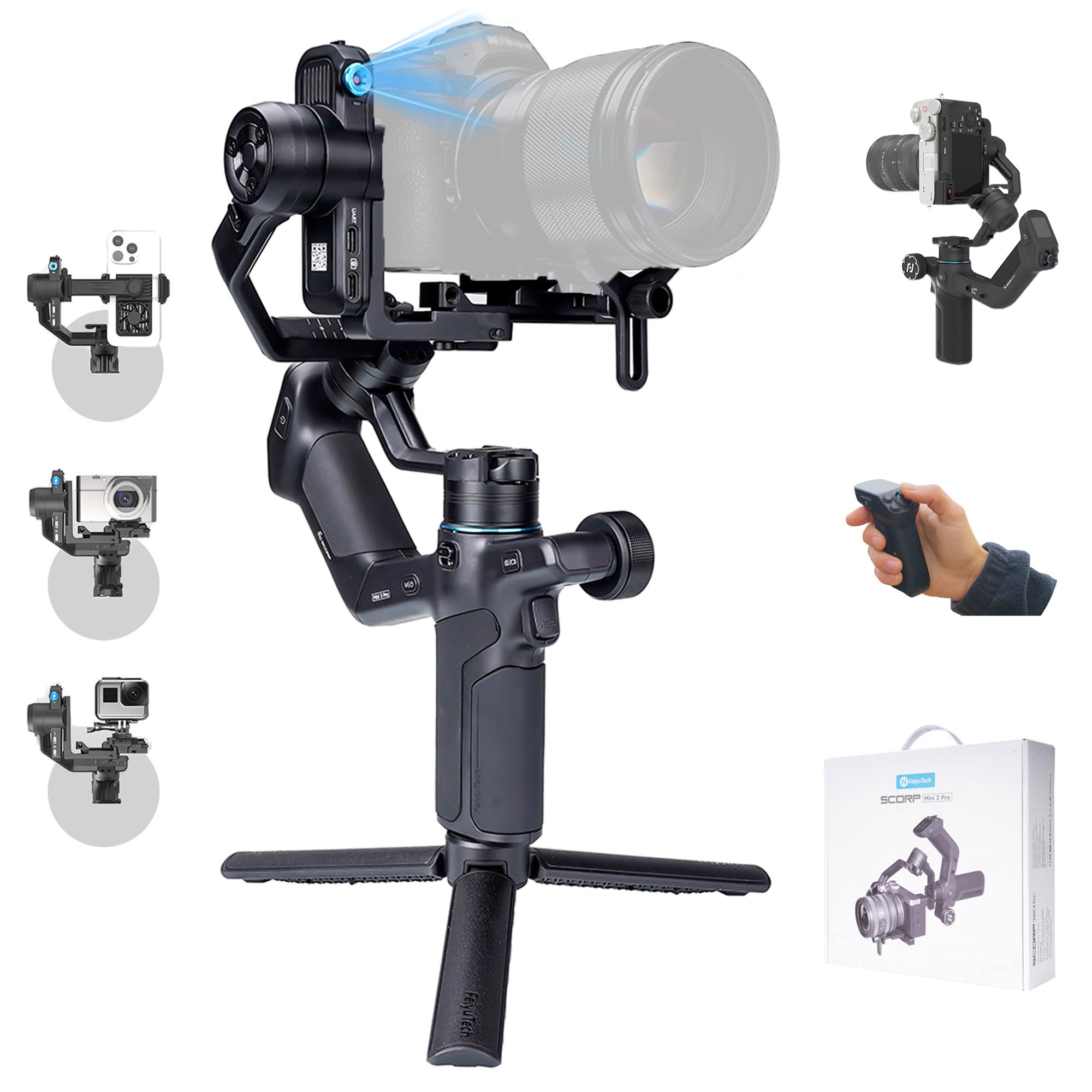 Feiyutech Scorp Mini-3-Pro Gimbal Stabilizer For Camera Mirrorless/Compact/Action Cameras,Smartphone,18M Ai Tracking,Detachable Remote Handle,4.4Lbs Payload,3-Axis Gimbal For Canon Sony Nikon