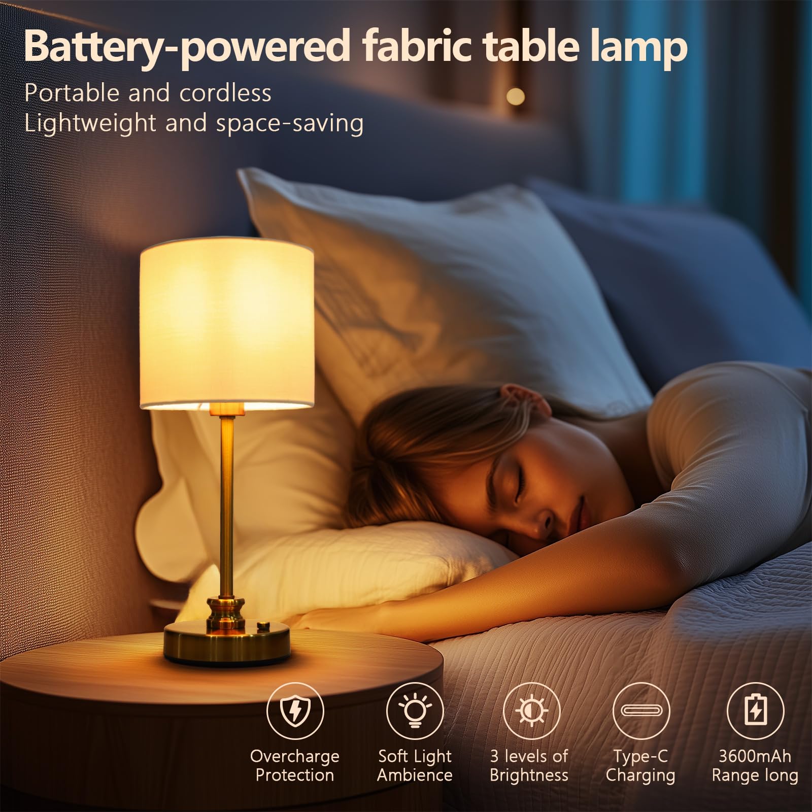 Mobeyu Portable Cordless Table Lamp, Fabric Shade Desk Lamp, 5000Mah Rechargeable Battery Powered Lighting, Dimmable Light For Dining Room, Bedroom, Bedside, Bar, Night Light, Camping, Balcony