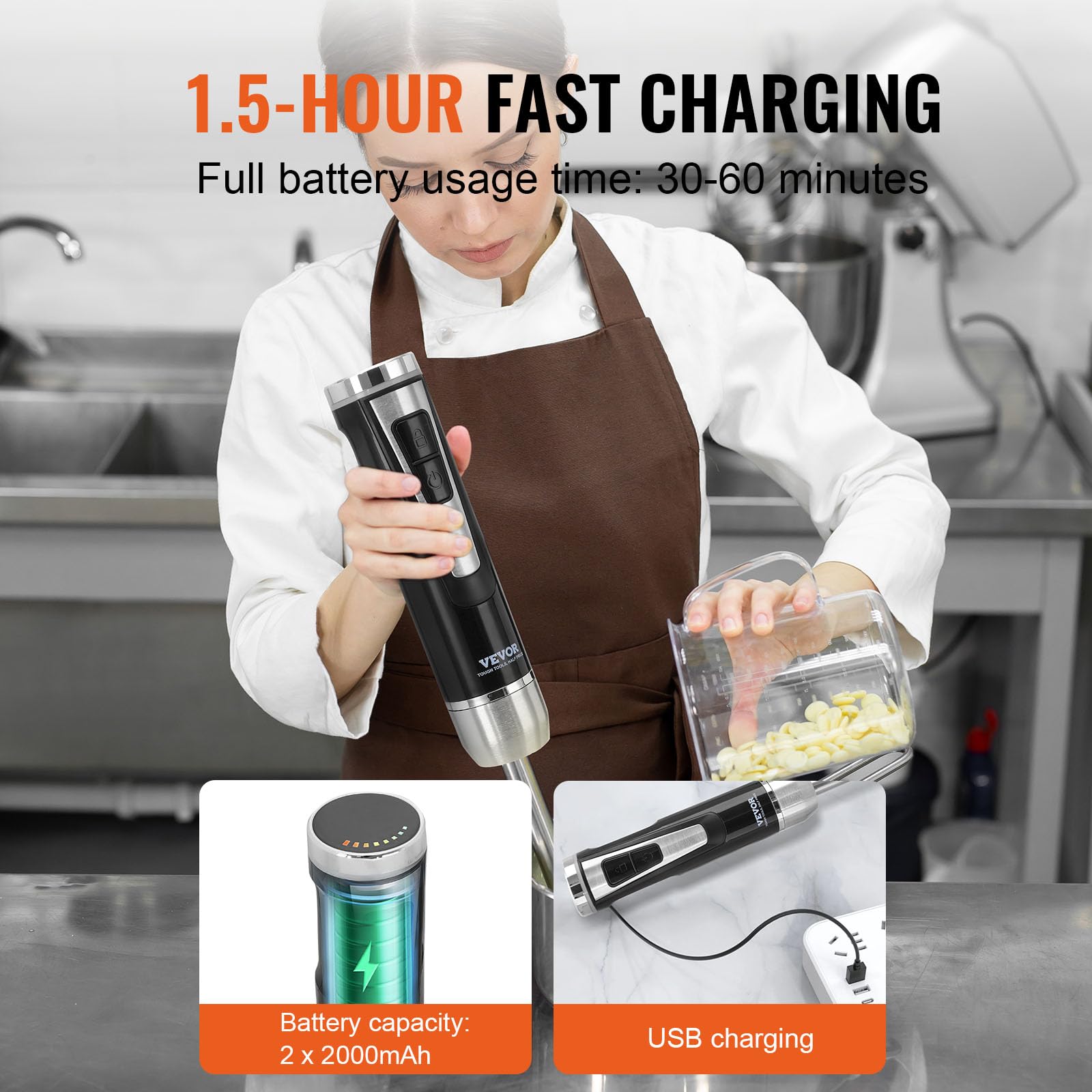 Vevor Hand Blender, 8 Variable Speeds Immersion Blender, Stainless Steel Blade Copper Motor Hand Mixer, Usb Charging Cable Multi-Purpose Easy Control Grip Stick Mixer