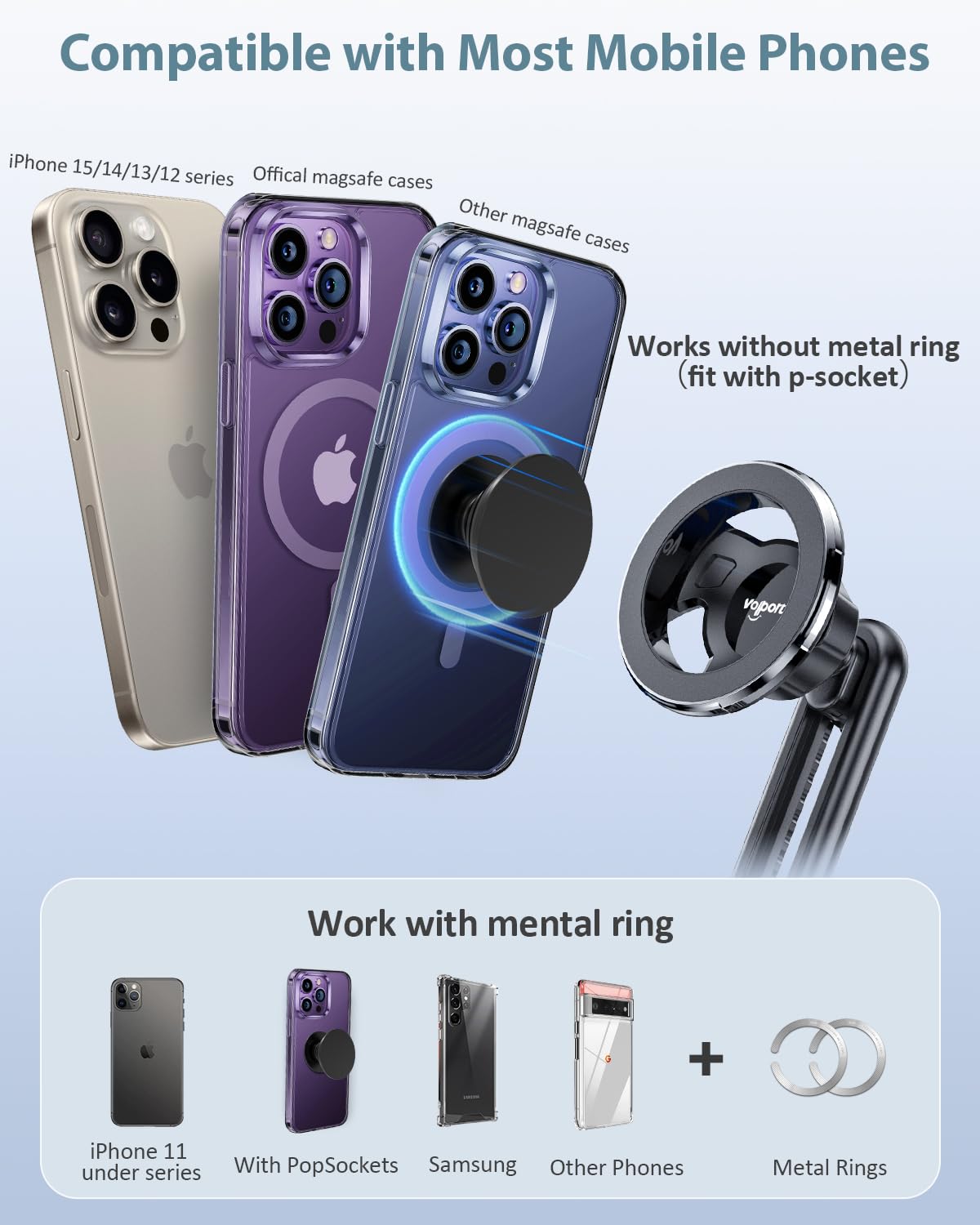 Volport Magnetic Phone Holder For Car Vent, [Non Blocking] Car Phone Holder For Iphone Magnetic Case, Strong Magnet Car Vent Mount For Iphone 15 14 13 Pro Max Mini Plus Case P-Socket