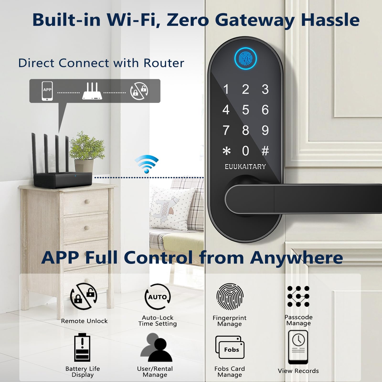 Euukaitary Fingerprint Door Lock, Keyless Entry Door Lock, Smart Locks For Front Door, Built-In Wifi, App Remote Control, Digital Keypad Code Unlock, Auto-Lock, Electronic Deadbolts With Handle