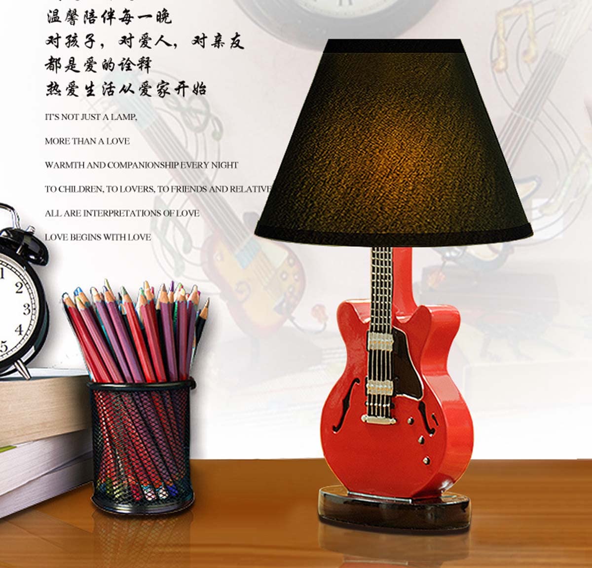 Inletter Modern Creative Cartoon Desk Lamp Red Guitar Lamp Bedroom Bedside Table Lamp Night Light Dimming Warm And Lovely Children ,Red