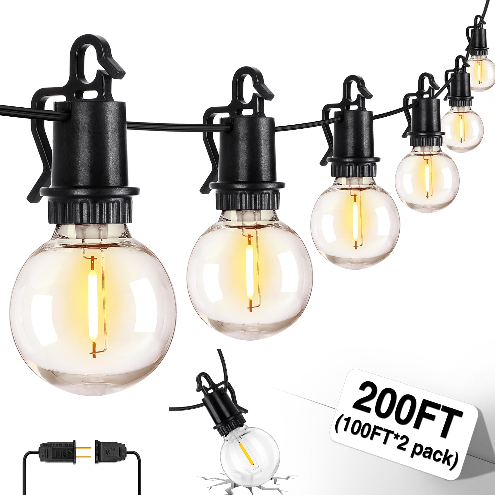 Zjojo 200Ft Outdoor String Lights, G40 Globe Outdoor Lights With 100 Shatterproof Led Bulbs (6 Spare), 2700K Hanging Waterproof Patio Light, Connectable String Lights For Outside Backyard Porch Party
