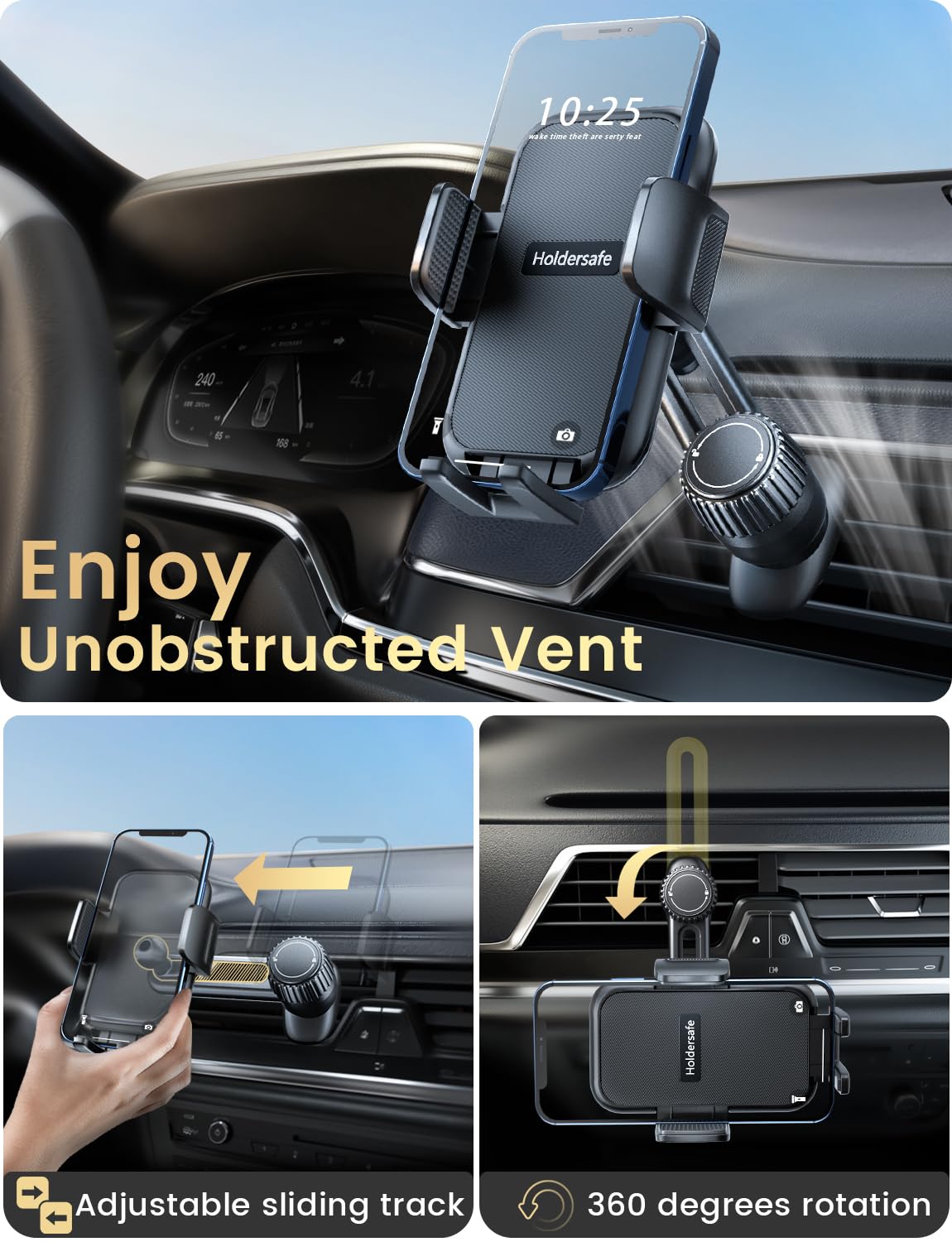 Holdersafe Phone Mount For Car Vent: [Never Blocking] Air Vent Cell Phones Holder For Iphone & Samsung Android Smartphone [Thick Cases Friendly] Hands- Auto Mobile Phone Stand