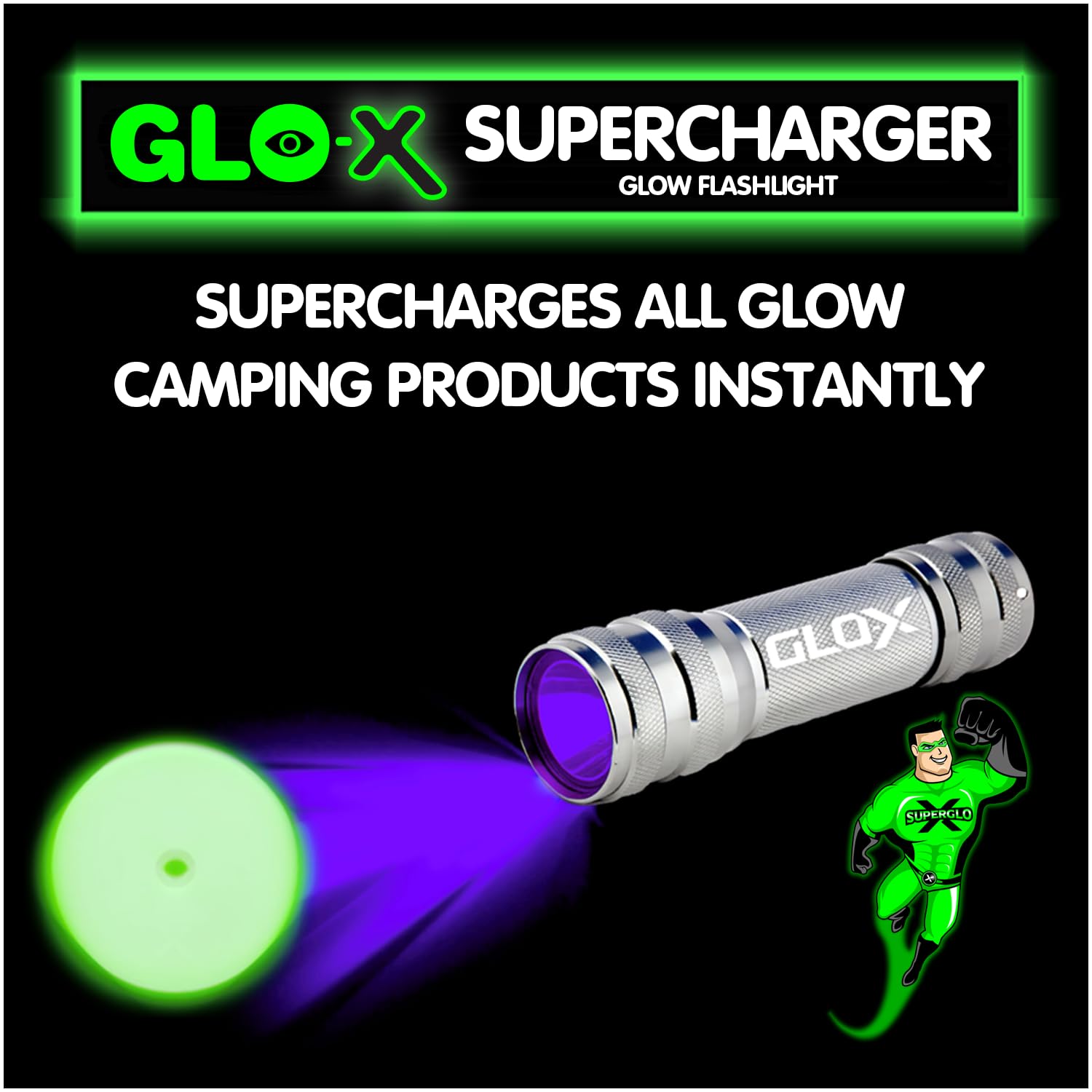 Glo-X Supercharger Uv Black Light Led Flashlight - Powerful High-Intensity Blacklight Charges All Glow In The Dark Products For Glow-In-The-Dark Paint, Charms, Fishing And Camping