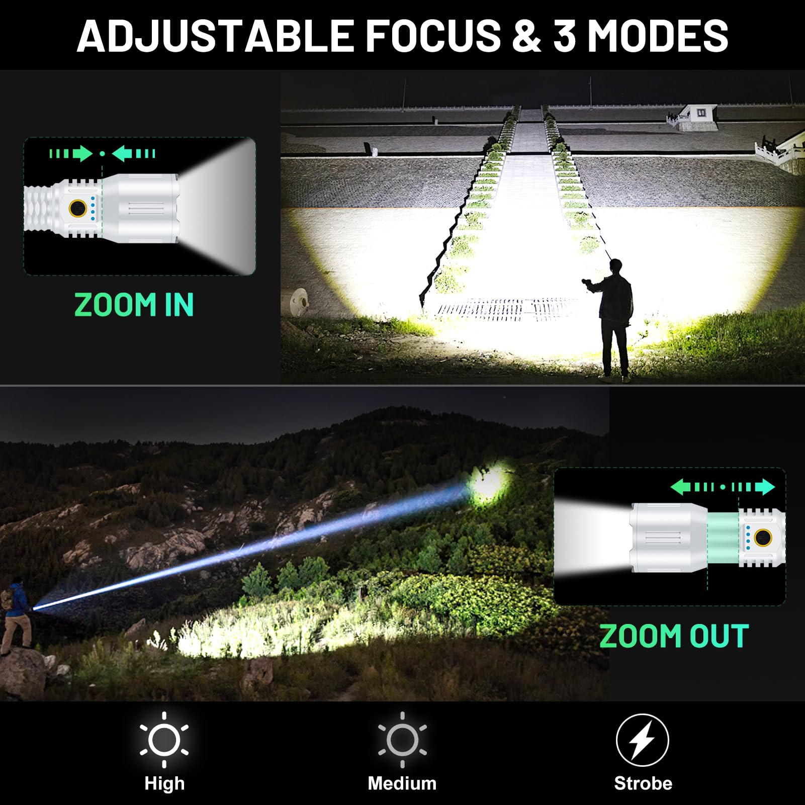 Weoxi Laser Flashlights 2400000 High Lumens Rechargeable, Super Bright Led Flashlight, 5 Modes Flash Light High Powered, Adjustable Tactical Flashlight, Waterproof Handheld Flashlight For Emergencies, Home