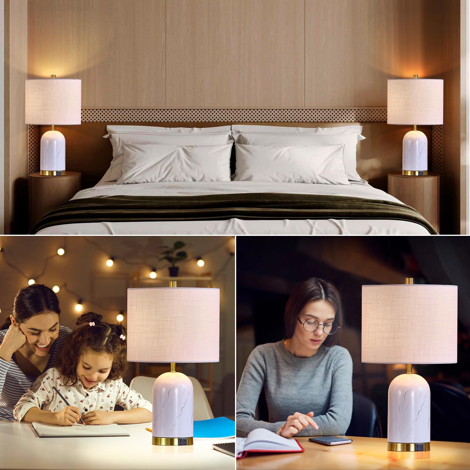 Ltgsrc Table Lamp, 20" Modern Faux Marble Style Lamp For Living Room Bedroom Office, Bedside Night Stand With White Gold Base Linen Shade, Usb C+A Charging Ports, Led Bulb Included