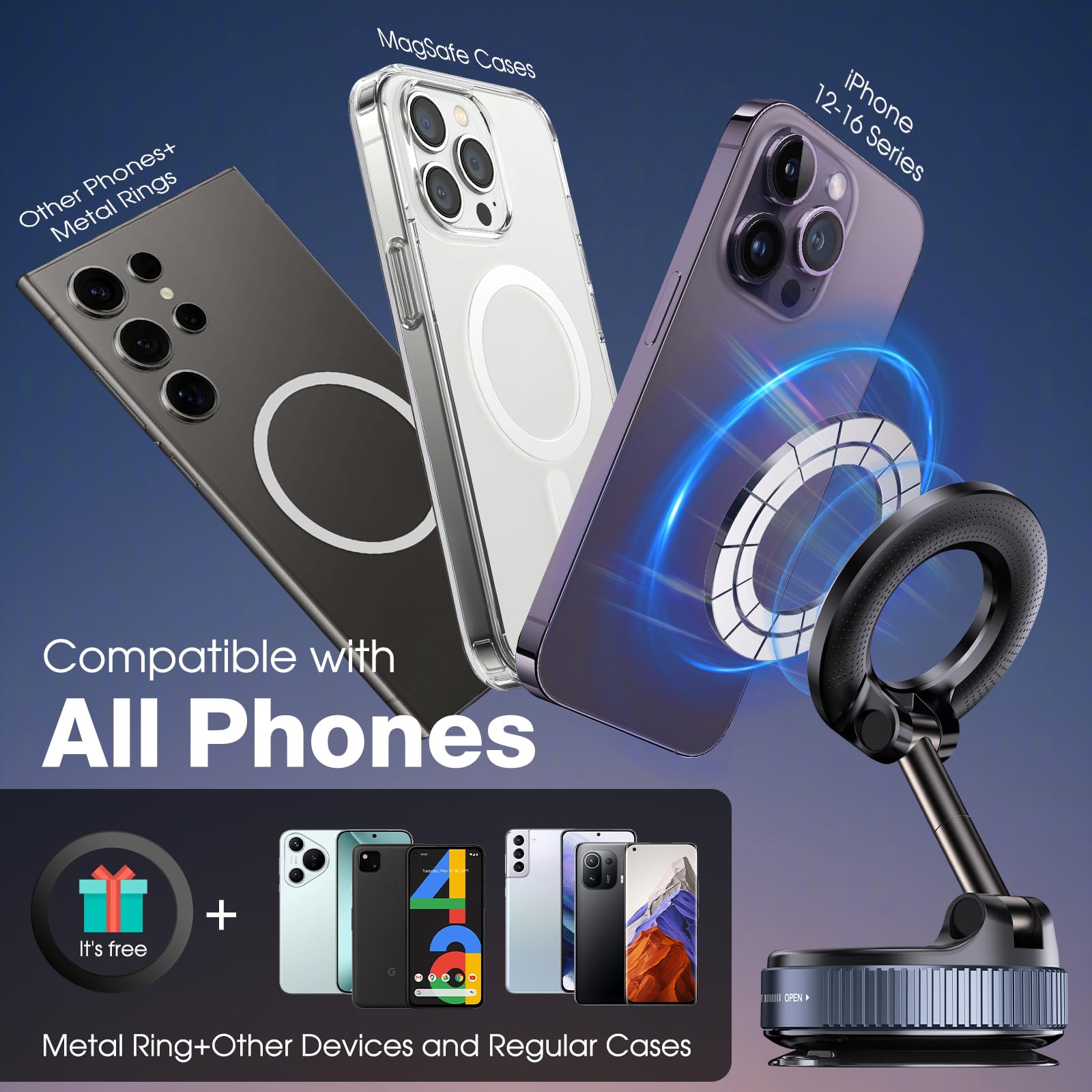 Lunturn 360° Rotatable Vacuum Magnetic Phone Holder, Foldable And Retractable Suction Cup Car Phone Mount For Car/Gym/Mirror/Smooth Surface, Compatible With Iphone Android And All Smartphones (Black)