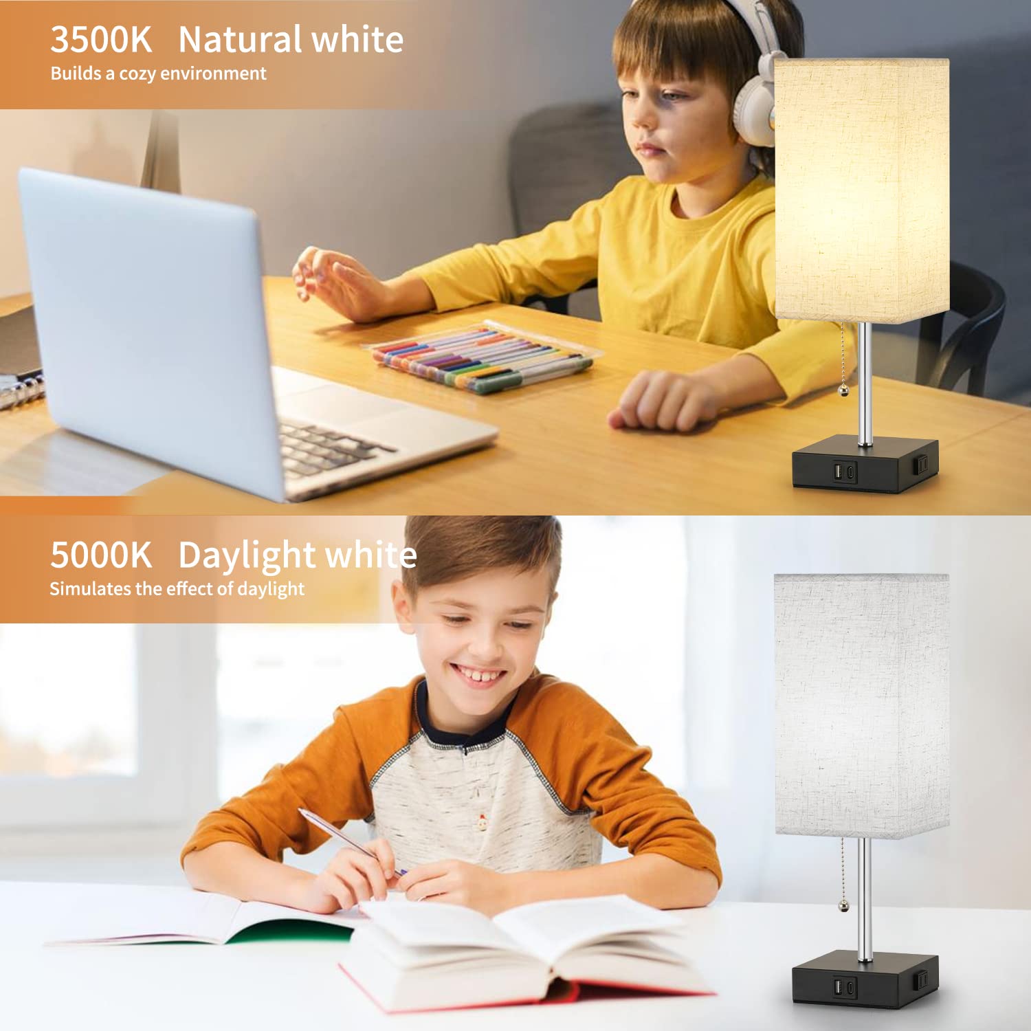 Woderdeng 3-Color Table Lamp For Bedrooms, Bedside Lamps With Usb C+A Ports And Ac Outlet, 2700/3500/5000K Pull Chain Nightstand Lamp,Desk Lamps For Home Office,Living Room
