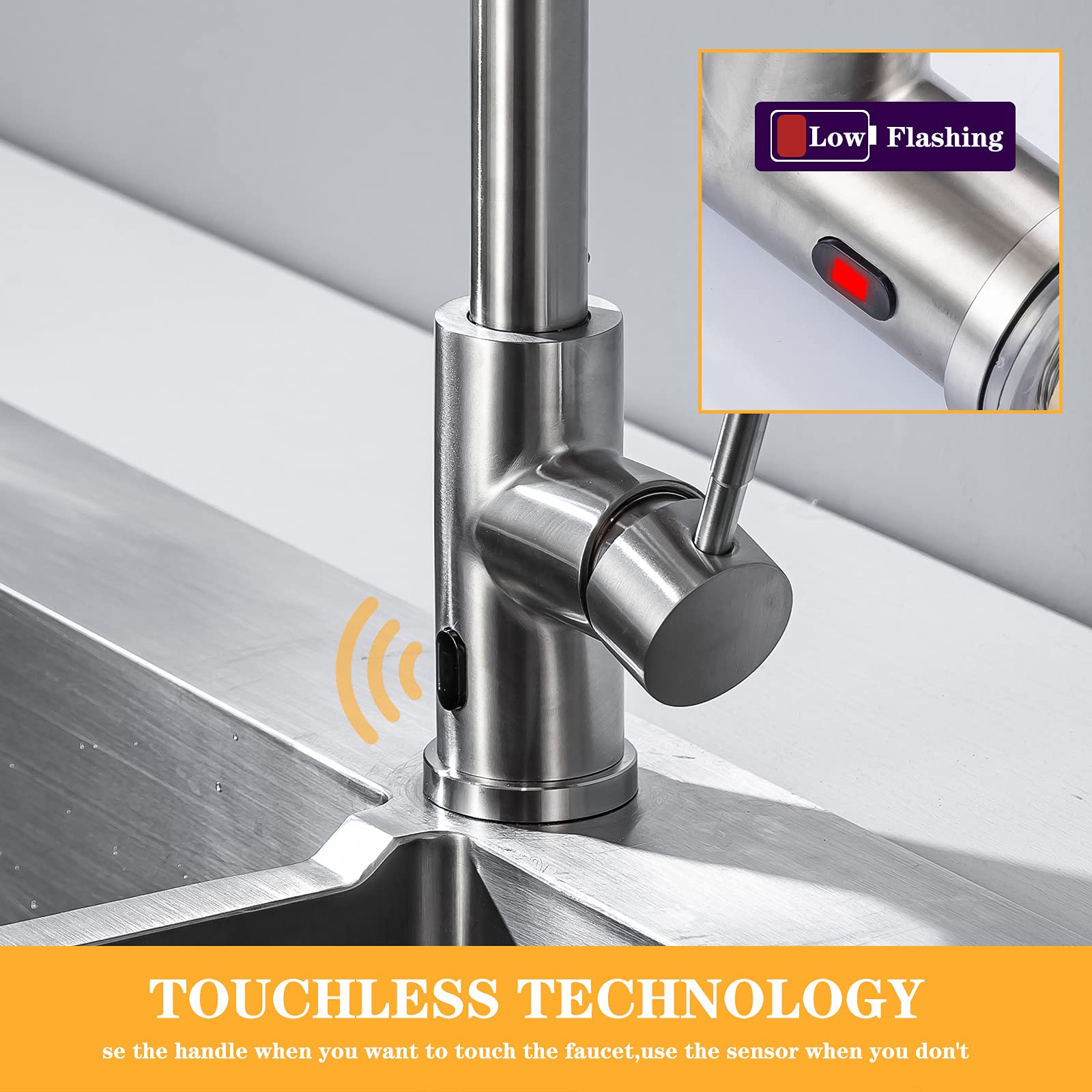Nxxcli Touchless Kitchen Faucet With Pull Down Sprayer Brushed Nickel Kitchen Faucet Infrared Sensor Kitchen Faucet Touchless Kitchen Sink Faucets Stainless Steel Single Handle Motion Sensor Kitchen Faucet