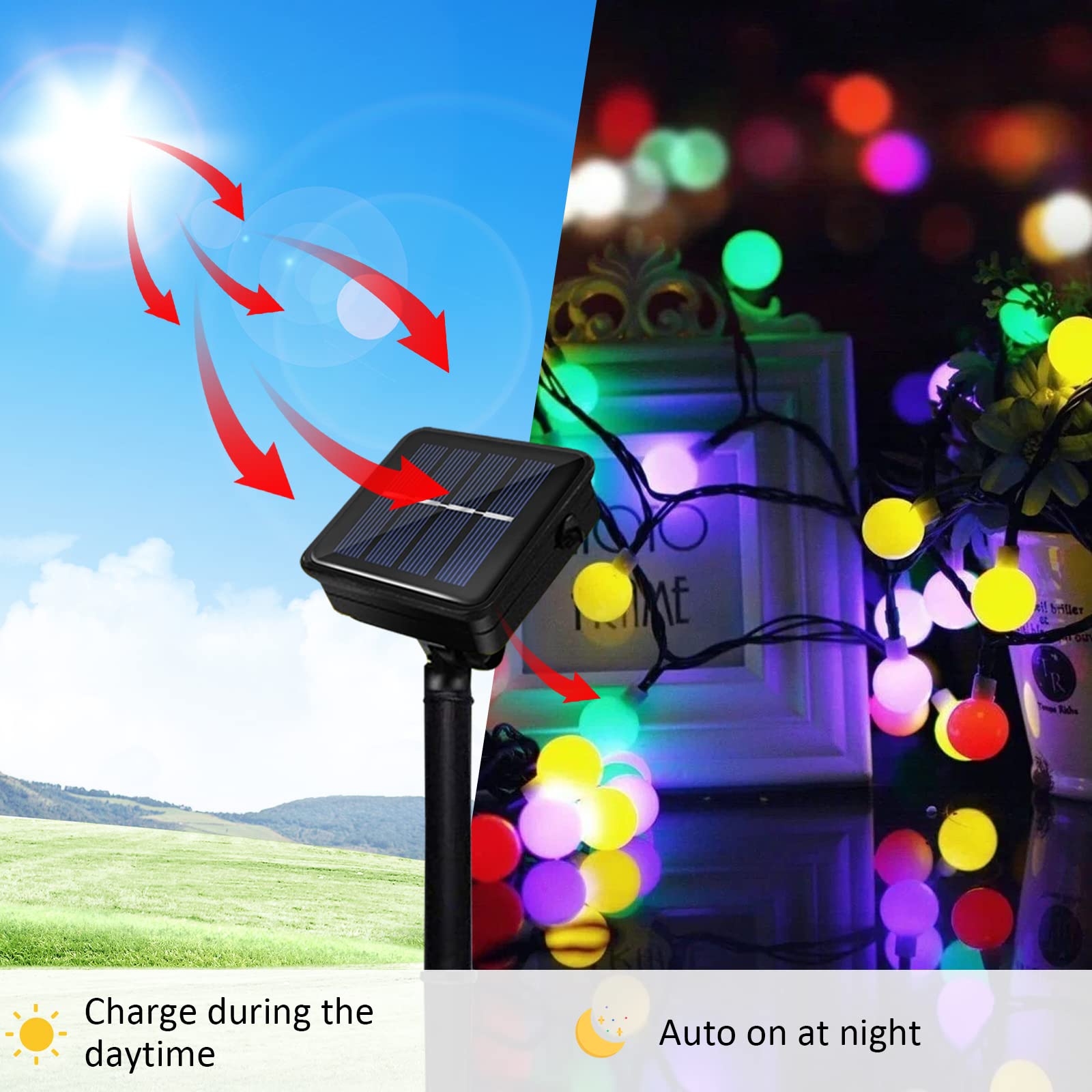 Micacorn Solar String Light Garden, Solar Globe Fairy Lights 23Ft 8 Modes 50 Led Waterproof Ball Solar Powered Lights For Garden Christmas Outdoor Wedding Festival Party Decoration
