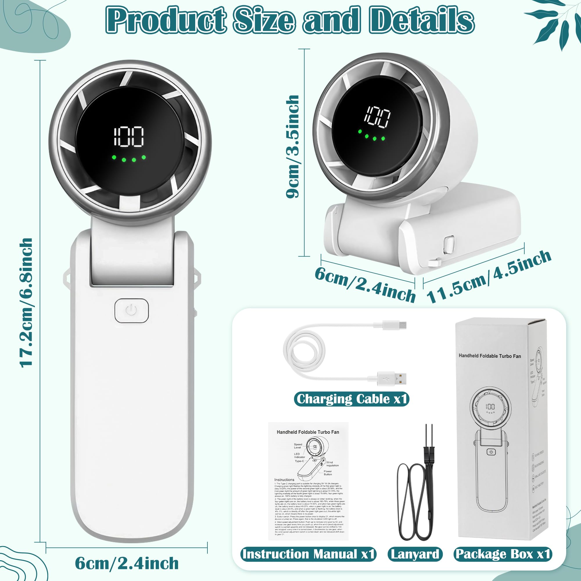 Mini Handheld Portable Fan - Small Foldable Personal Hand Desk Neck Fan With Led Display, 3600Mah