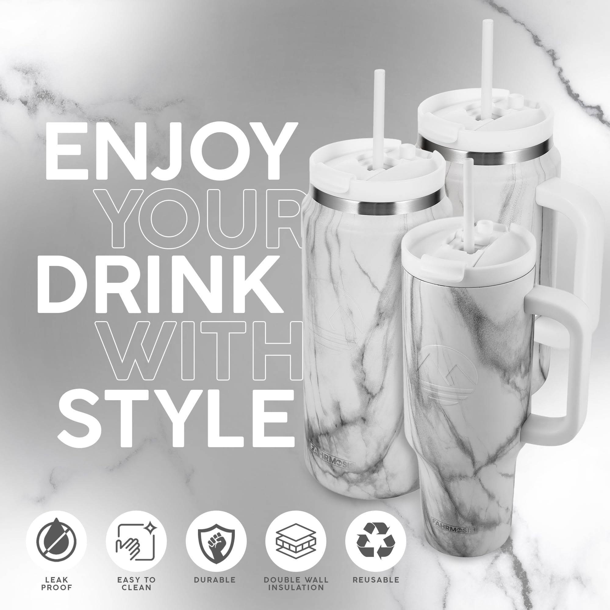 64 Oz Tumbler With Handle And Straw Half Gallon Water Bottle Stainless Steel Travel Mug