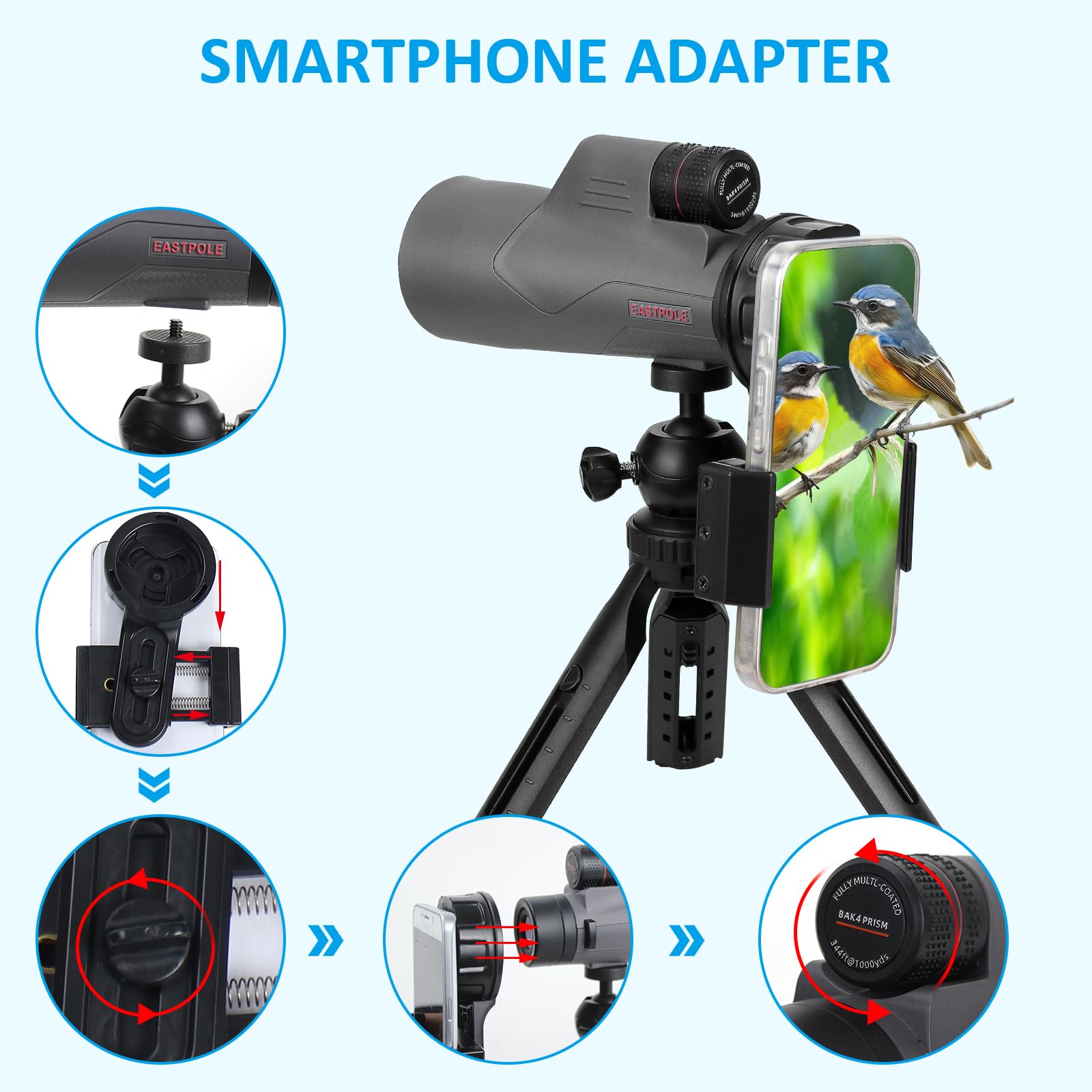 Celticbird Monocular 12X56 High Power Monocular Telescope For Adults With Smartphone Adapter, Fmc Lens & Bak4 Prism, For Bird Watching, Hunting, Hiking, Camping And Concerts(Grey)