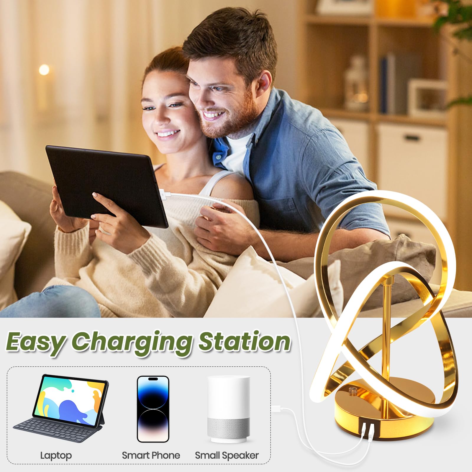 Eidisuny Modern Led Table Lamps, Led Spiral Table Lamp, 3 Color Dimmable Bedside Lamp, Touch Control Nightstand Lamp With Usb/Type C For Bedroom, Small Gold Table Lamp For Home Decor Living Room Bedroom Office