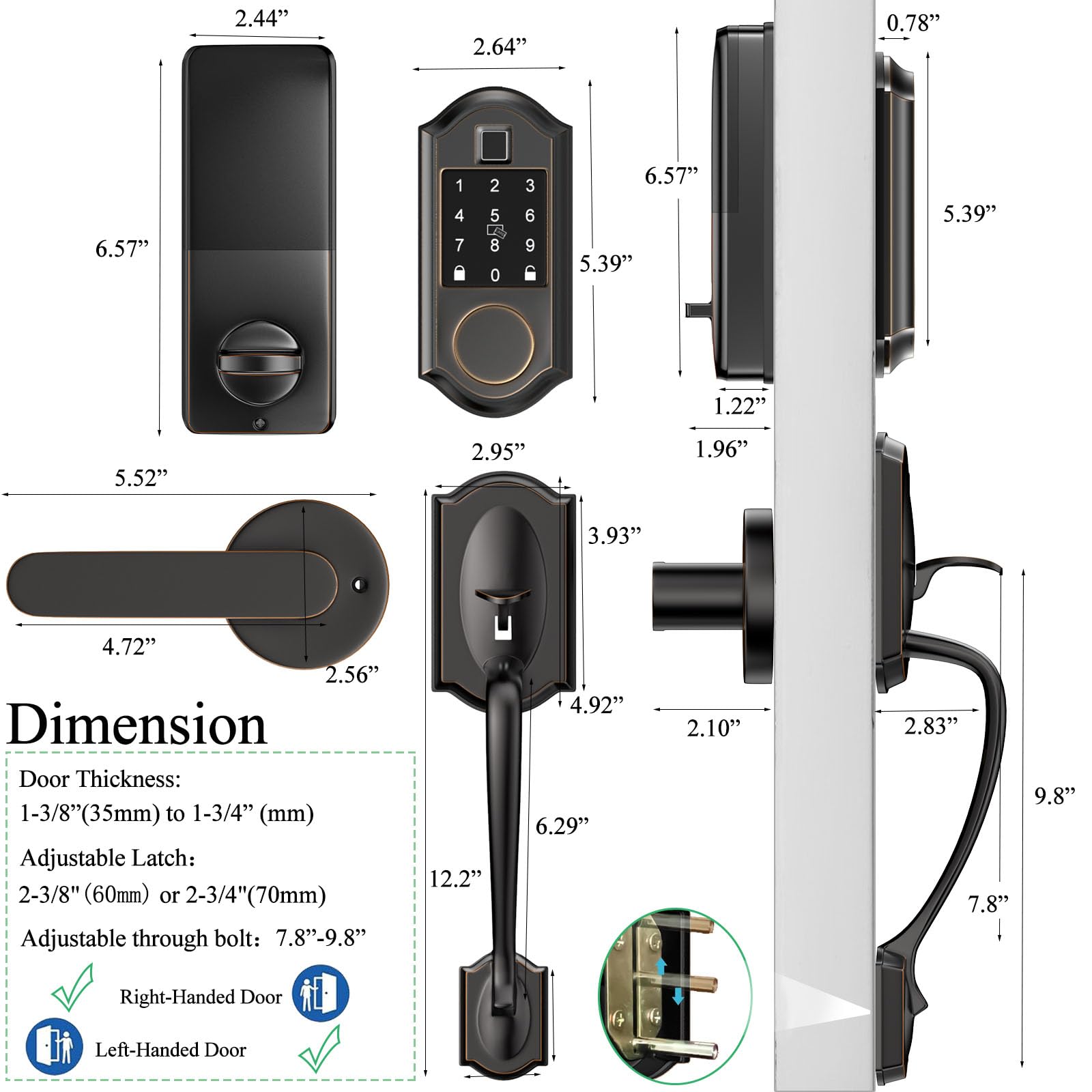 Narpult Smart Smart Locks For Front Door, Keyless Entry Deadbolt With Handle Set, App Control, Fingerprint Door Lock With Adjustable Lever, Oil Rubbed Bronze