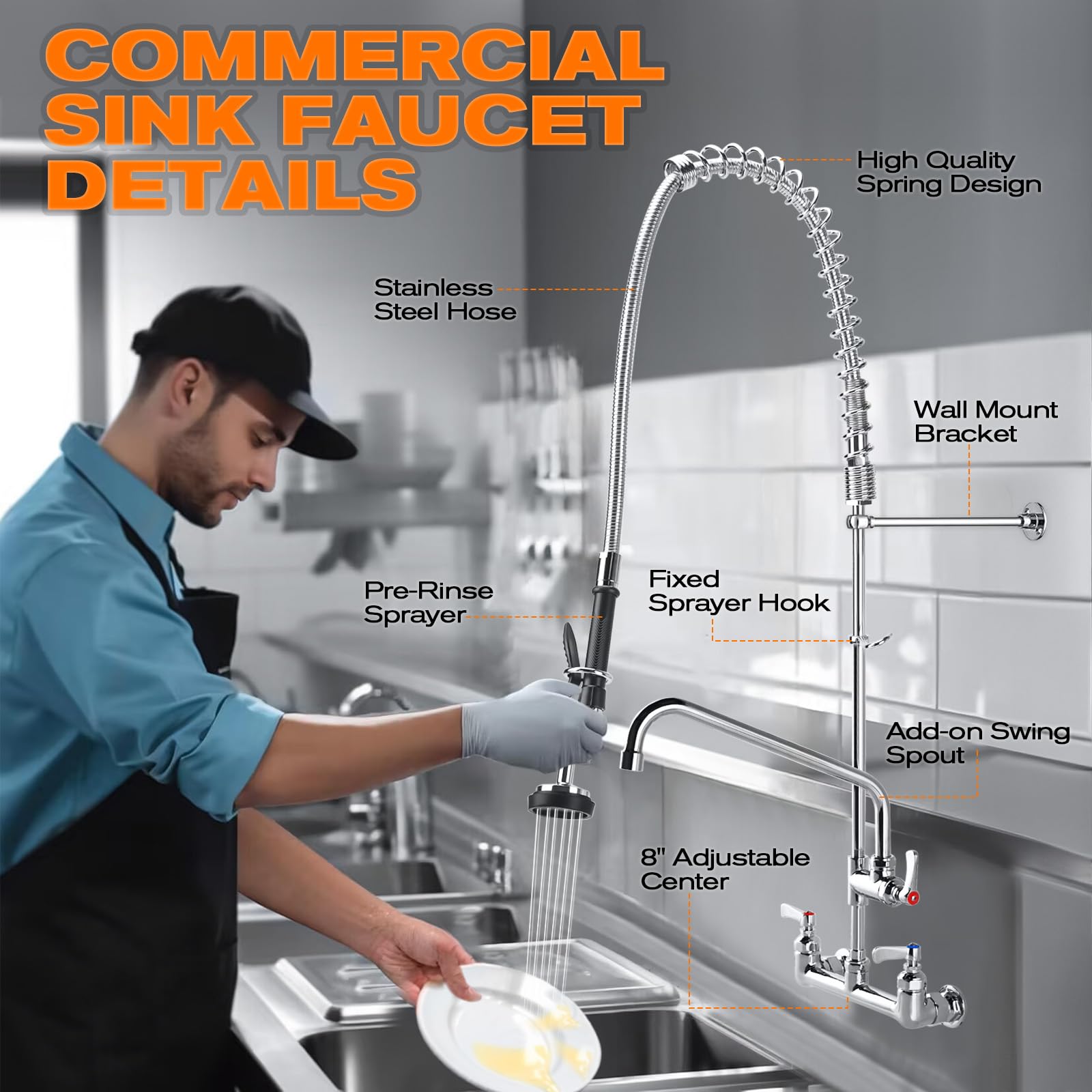 Bzimak 25" Height Commercial Faucet With Sprayer, 8" Adjustable Center & 12" Add-On Swing Spout, Wall Mount Pre Rinse Faucet For Restaurant Kitchen (Chrome)
