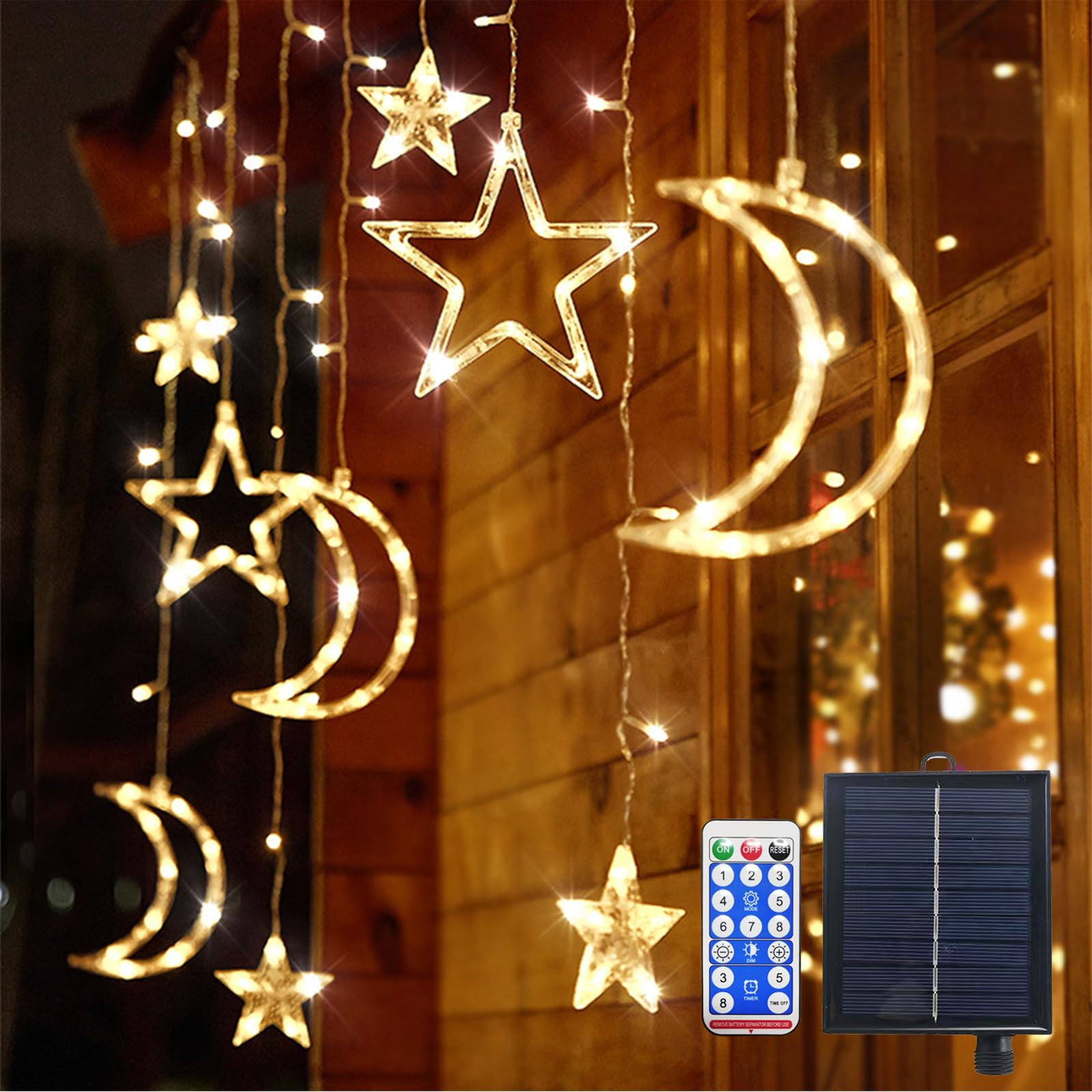Lylyzoo Moon Star Solar String Lights For Outdoor, Ip65 Waterproof Curtain Lights With Remote Control And Usb Backup Charger, Camping Decorations, Automatic On-Off, Warm Yellow