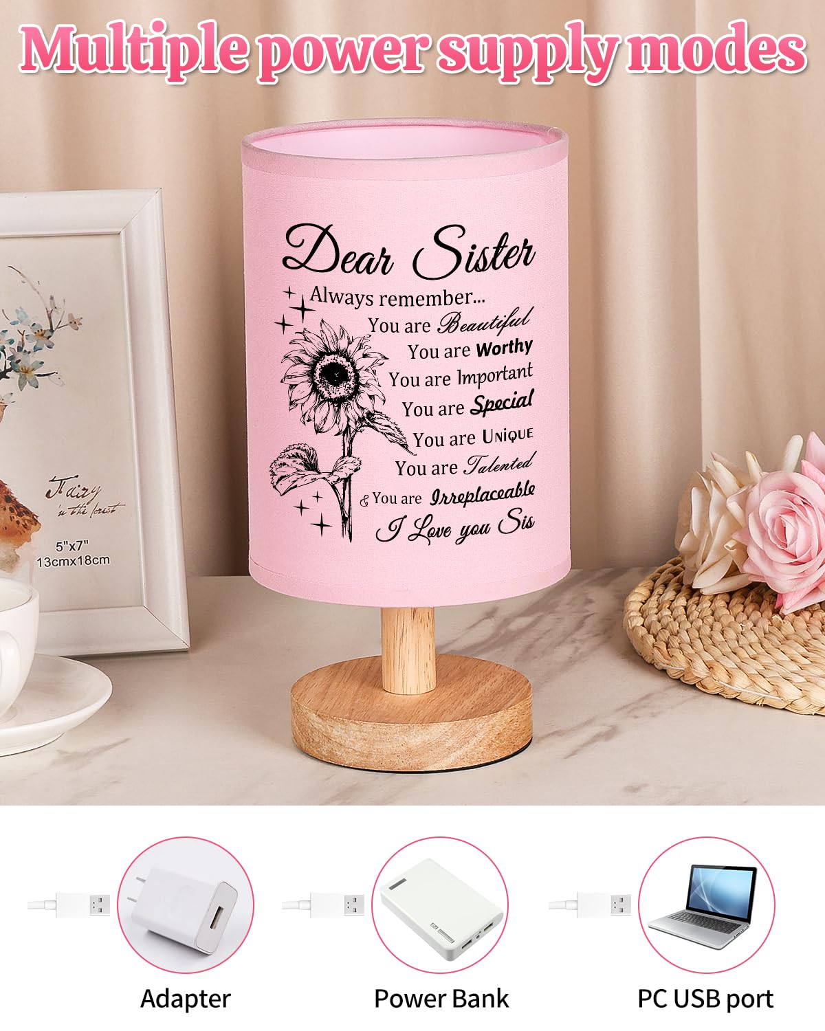 Calibron Sister , Sister Birthday Fabric Lamp, Birthday For Sister, Sisters From Sister Table Lamp With Wooden Stand, Anniversary Wedding For Sister (Pink)