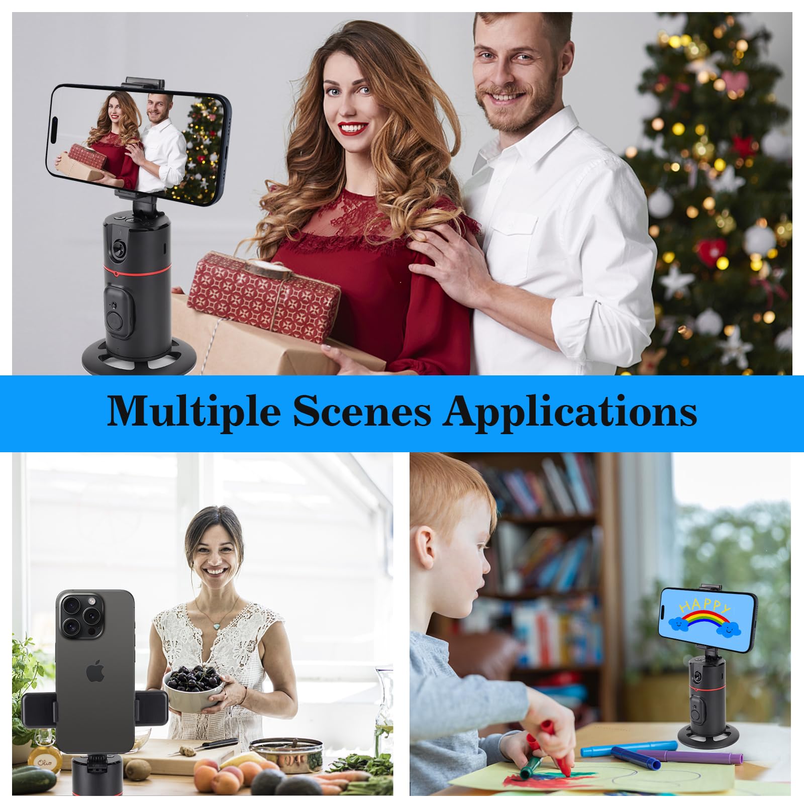 Obscurusly Auto Face Tracking Tripod,360°Rotation Phone Camera Mount Smart Shooting Holder With Remote Selfie Stick,No App,Gesture Control,With 2Pcs Led Light
