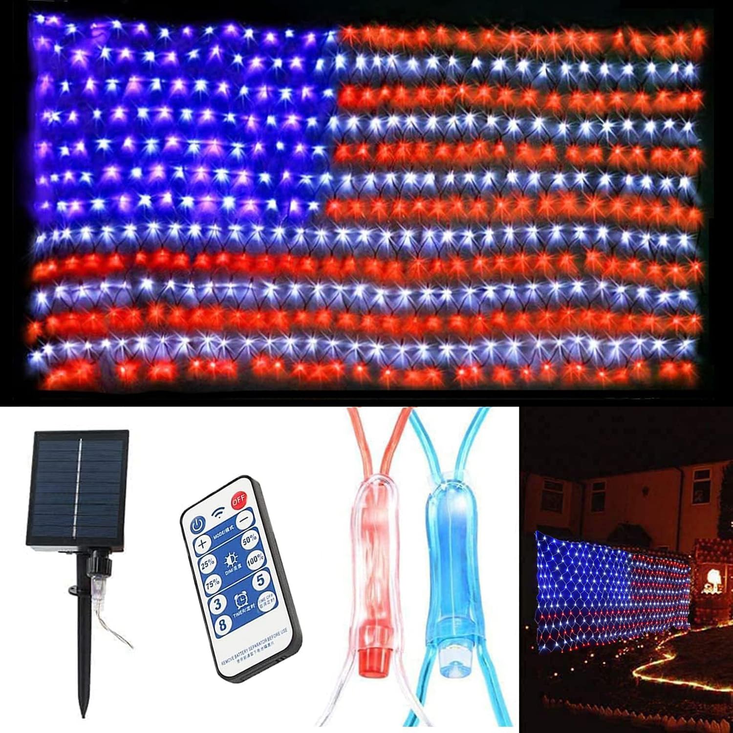 Funiao 2-In-1 Solar Powered American Flag Lights, 420 Led Flag Net Lights, Waterproof Patriotic Ornament For Memorial Day, 4Th Of July, Presidential Election, Christmas