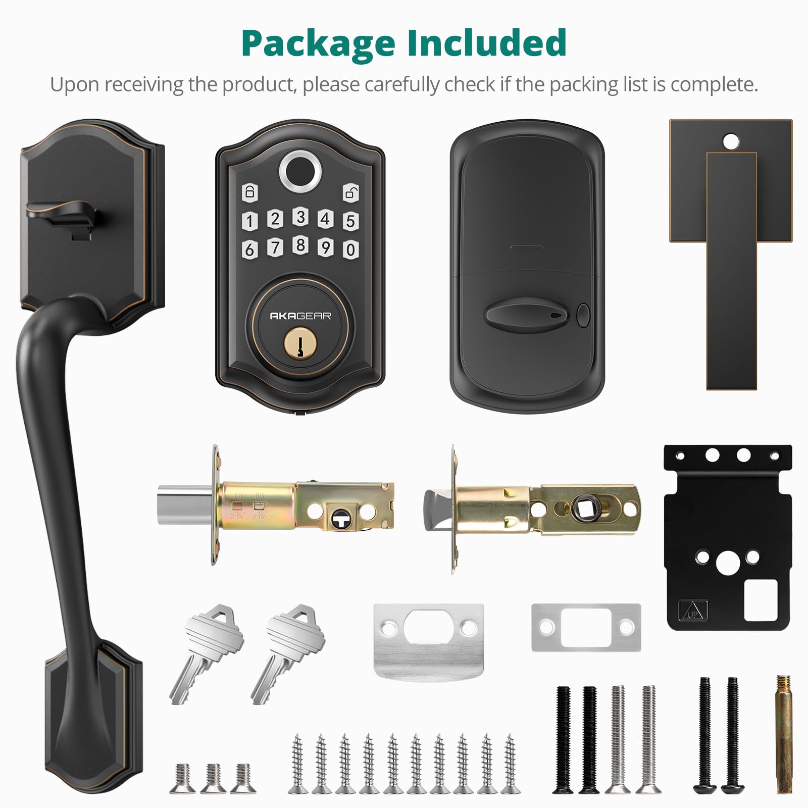 Akagear Ds10 Pro Keyless Entry Door Lock With Handle Set, Smart Front Door Locks Set, Electronic Keypad, Fingerprint Deadbolt, Bluetooth App Control, Auto-Lock & One Touch Locking, Oil Rubbed Bronze