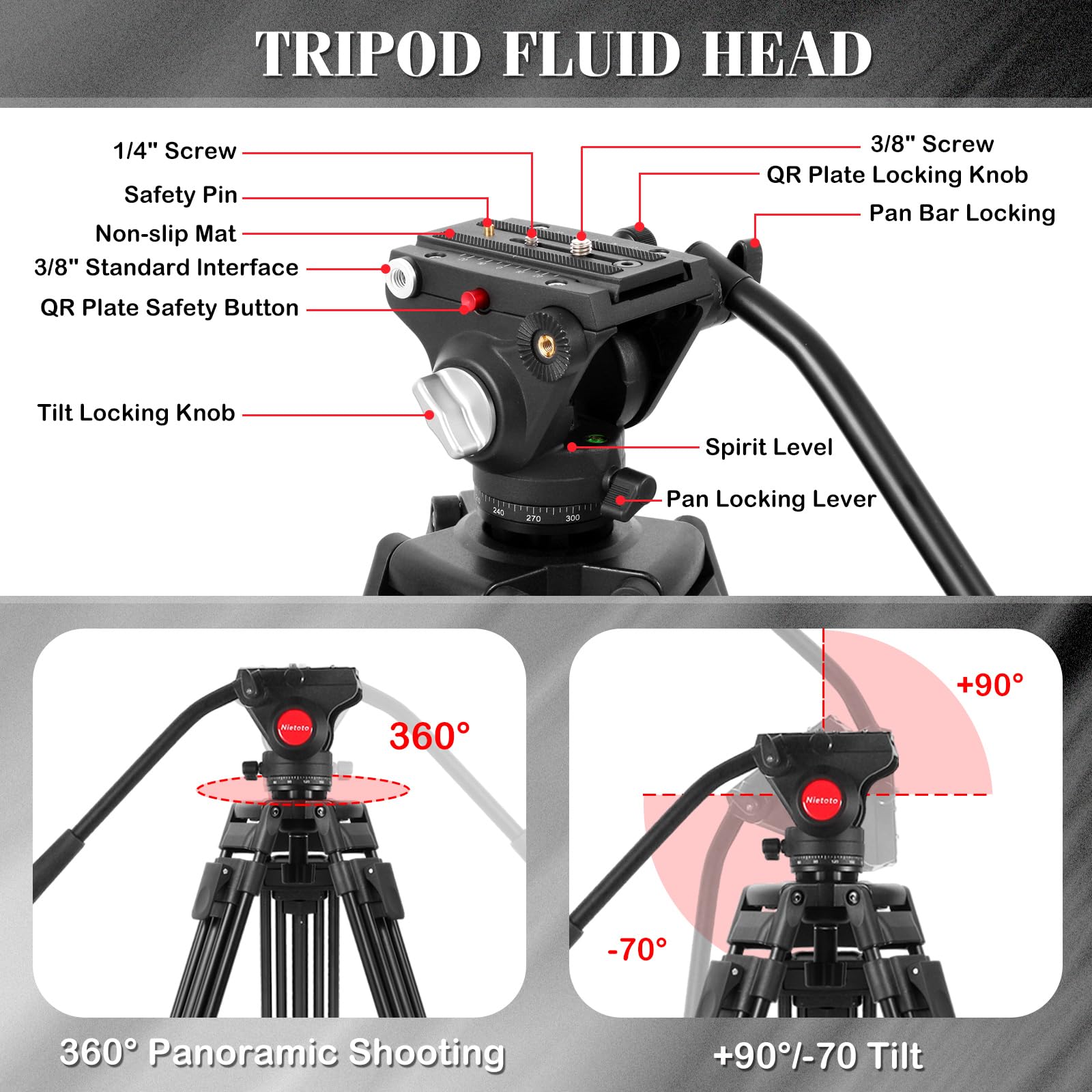 Nietoto 72"/183Cm Video Tripod Heavy Duty Tripod With 360° Fluid Head, Professional Aluminum Tall Camera Video Tripods Compatible With Canon Nikon Sony Dslr Camera Camcorder Telescope Bnoculars (Load 33Lb)