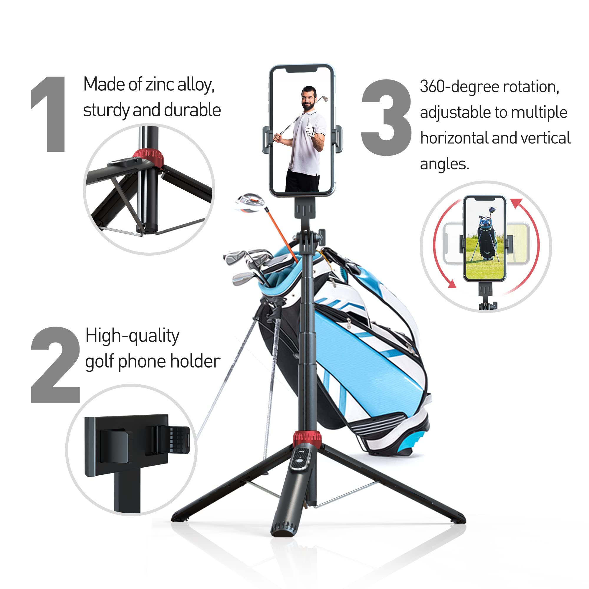 Eug-Products 62" Phone Tripod & Selfie Stick For Golf Training, Extendable Cell Phone Tripod Stand With Wireless Remote And Phone Holder, Golf Training Aid - Compatible With Iphone Android Iphone
