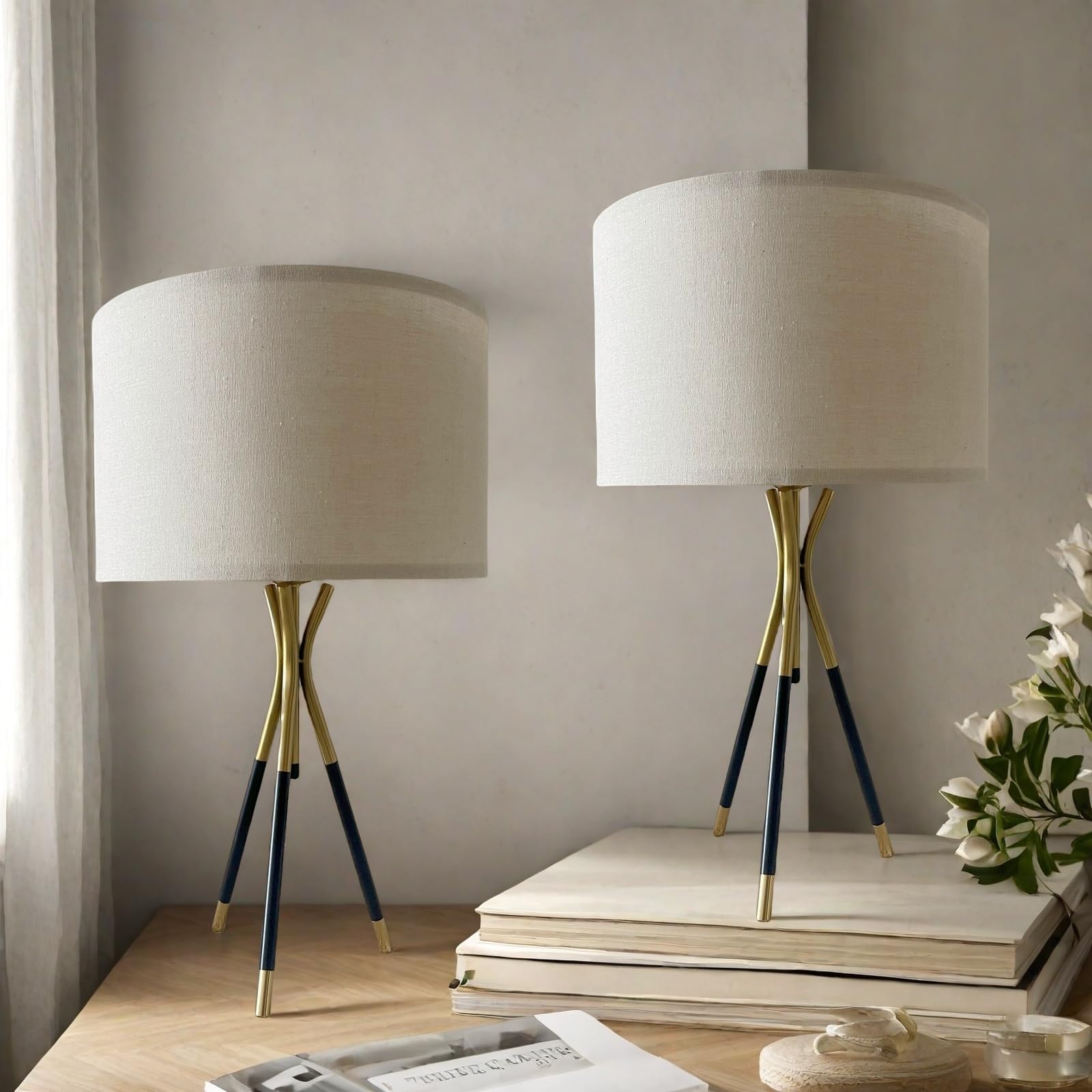 Jingoe 20.8" Modern Simple Table Lamp Set Of 2, Nightstand Lamp With Beige Linen Lampshade, Side Table Lamp For Bedroom Living Room Coffee Table Home Office (Includes 2 Bulbs)