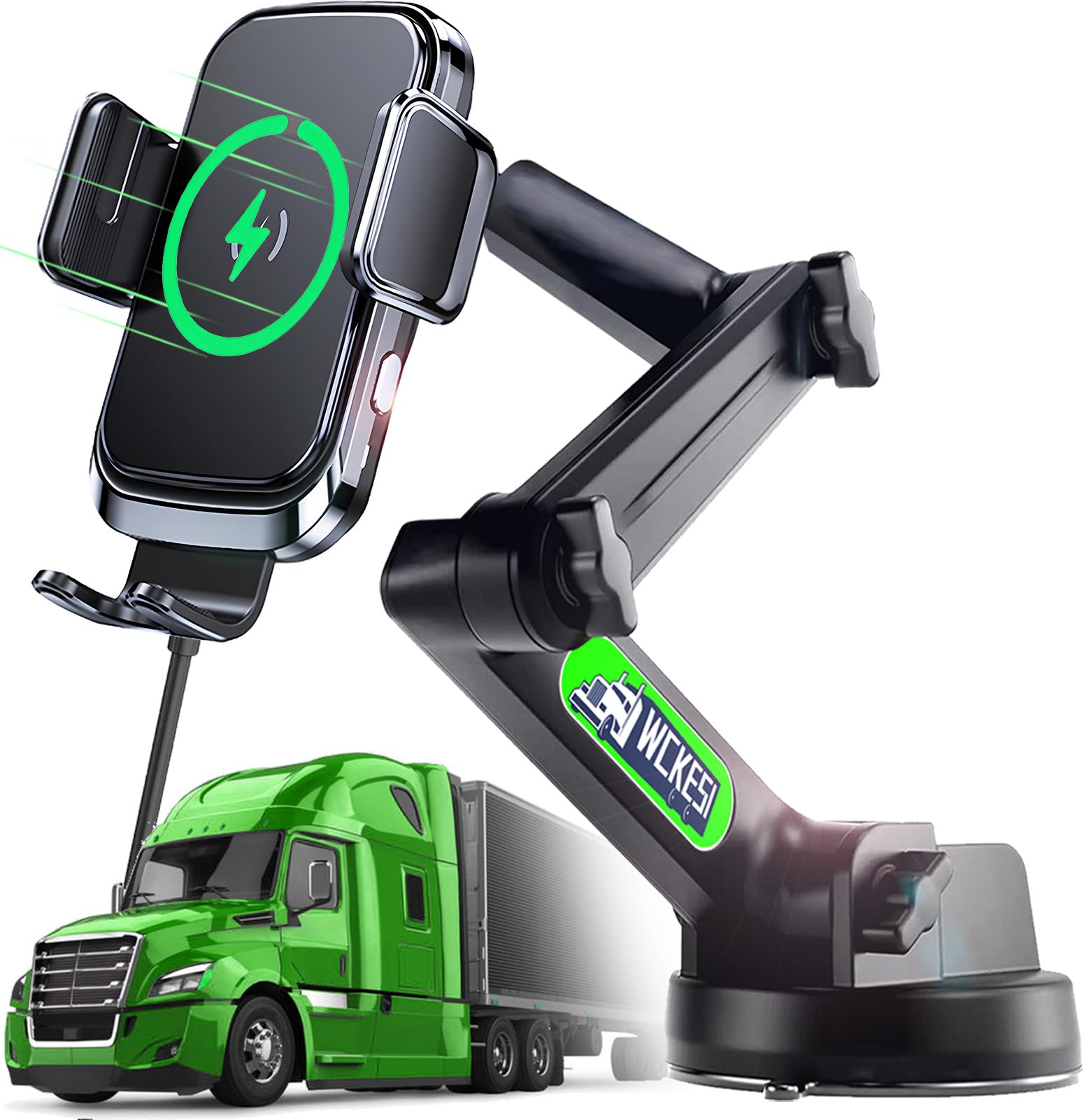 Wckesi Truck Phone Holder Mount Wireless Charger Heavy Duty For Car 15W Smart Fast Charging 14 Inch Long Arm Pickup Truck Windshield And Dashboard,Truck Accessories,For Iphone Samsung Lg