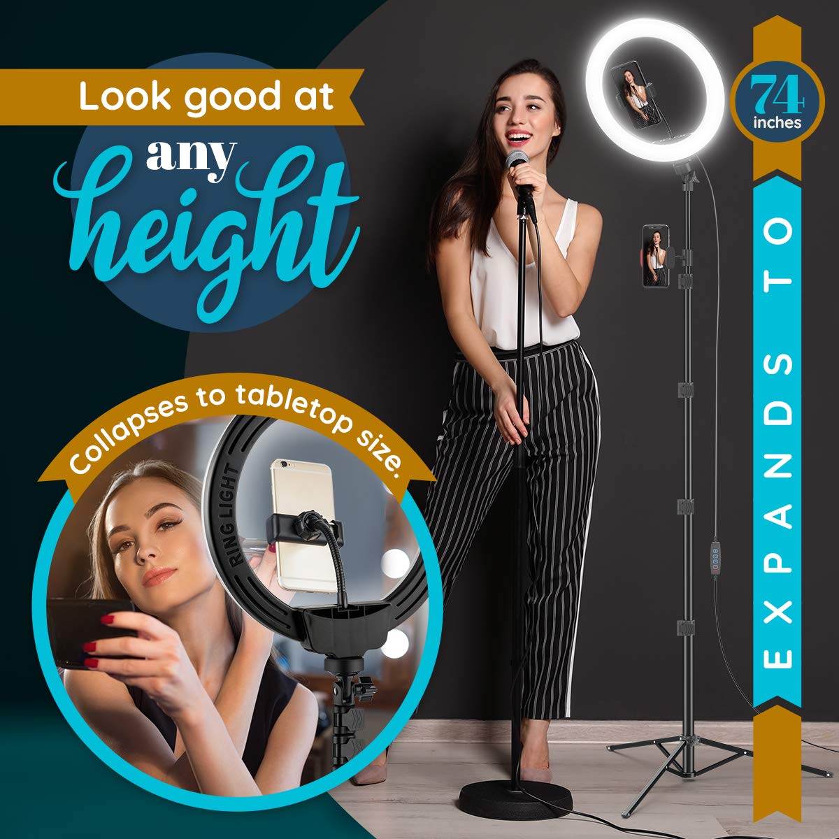 Gearlight 10" Ring Light Tripod With Leds, Dual Phone Holders - For Makeup, Photography, Room Décor