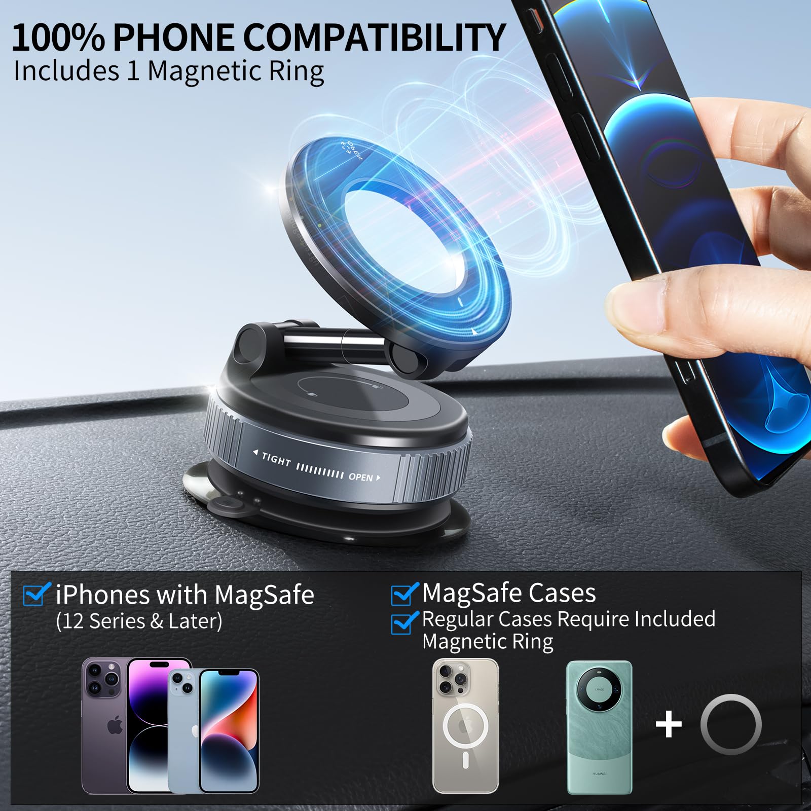Ilkcc Vacuum Suction Magnetic Phone Holder,   Vacuum Suction Cup Mount For Magsafe, 360° Adjustable Foldable Portable Magnetic Car Phone Stand For Cars/Gyms/Mirrors/Smooth Surface (Black)