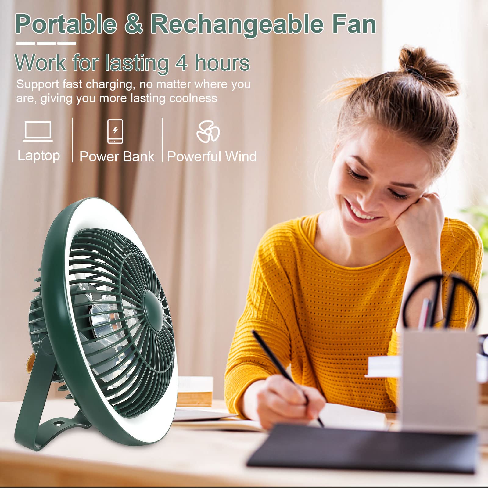 Depuley Portable Battery Operated Fan With Led Lantern, 8" Tabletop Air Circulator Fan With 3 Speeds