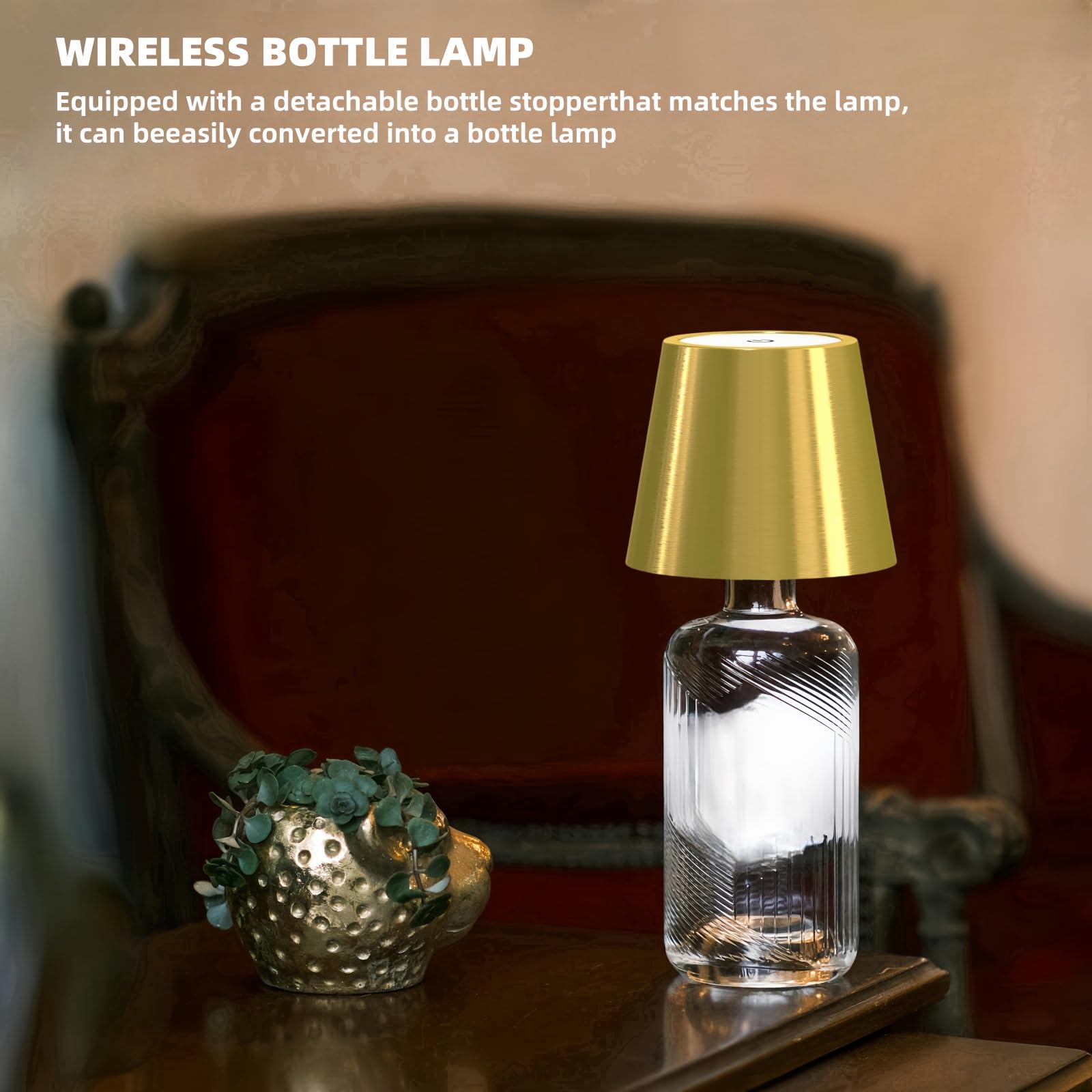 Madckdedrt 2 Pack Cordless Table Lamp Rechargeable,Wireless Led Bottle Light,5200Mah Battery Operated,Portable,Touch Dimming,For Restaurant/Bedroom/Outdoor/Terrace/Night Light (Gold)