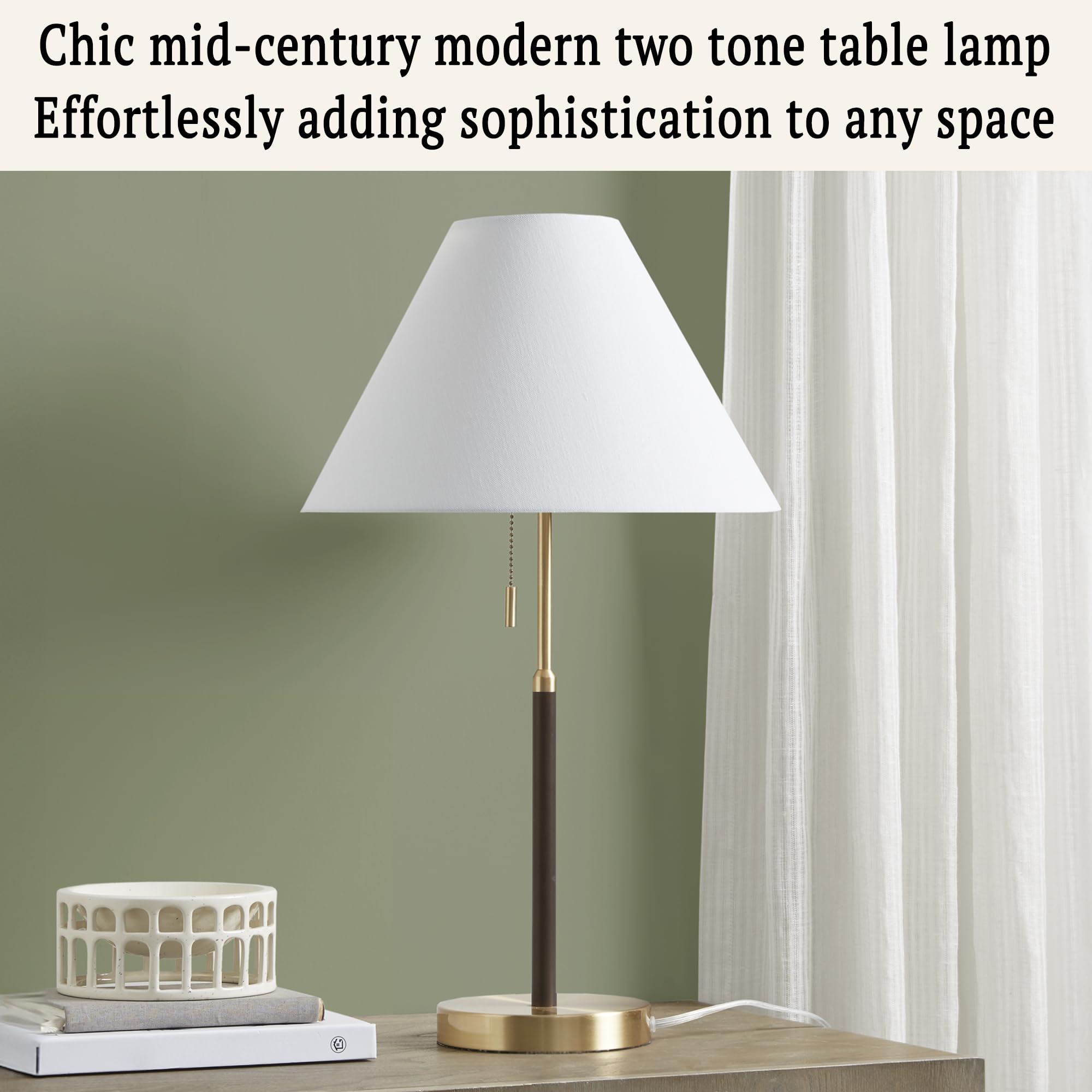 Ink+Ivy Table Lamp - Mid-Century Two-Tone Gold Nightstand Bedside Lamp, Chic Study Lamp, Clear Polarized Cord, Pull Chain Swtich, Bromley Lamp Décor Empire Fabric Shade, 23.5" H Gold/Brown