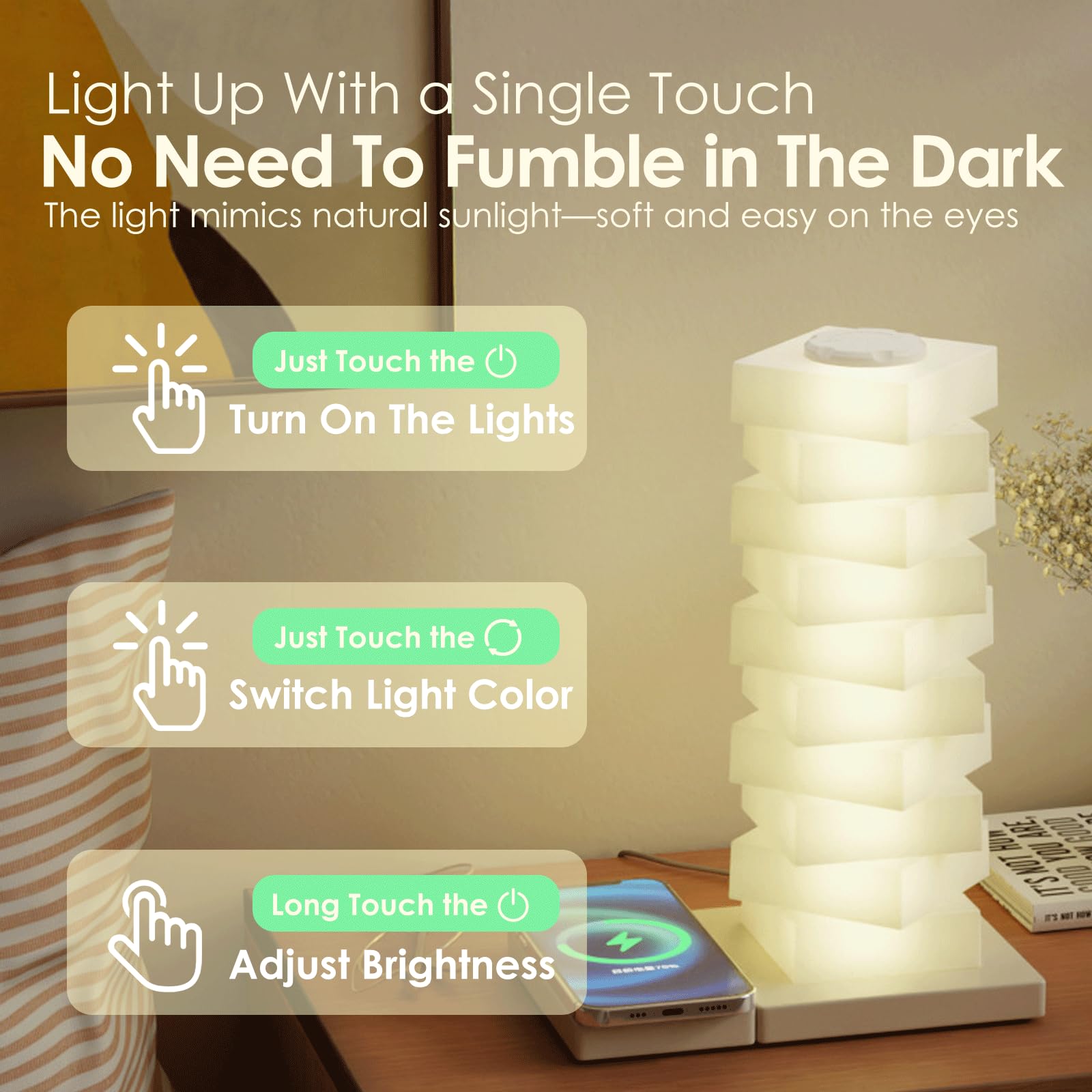 Midgod Touch Table Lamp With Wireless Charging, Diy Sleek Design & Dimmable Light With Rgb Color Change Mode,Usb Rechargeable Desk Lamp For Bedroom, Led Night Light With Warm White Lights