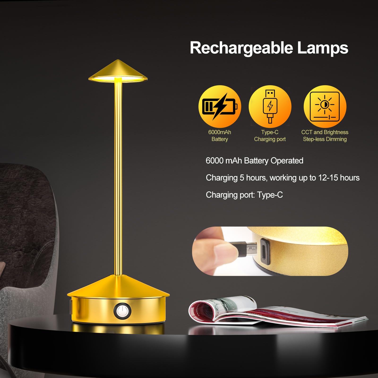 Apspow Table Lamps,Cordless Desk Lamp With Usb Port, 6000Mah Battery Operated Desk Lamp, 3 Level Brightness Led Table Lamp With Modern Design, Table Light For Bedroom, Gold