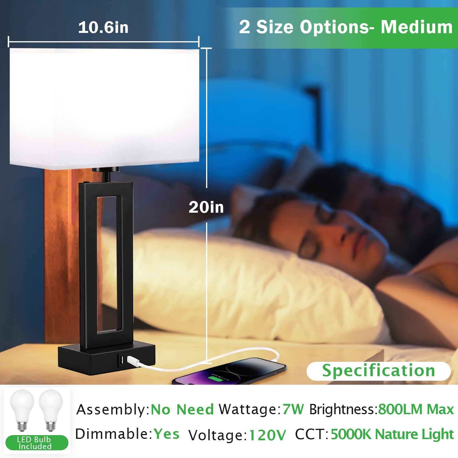 Momyofdy Lamps For Bedrooms - Set Of 2 Modern Table Lamps With Touch Control, 3 Way Dimmable, Usb C&A Charging, White&Black