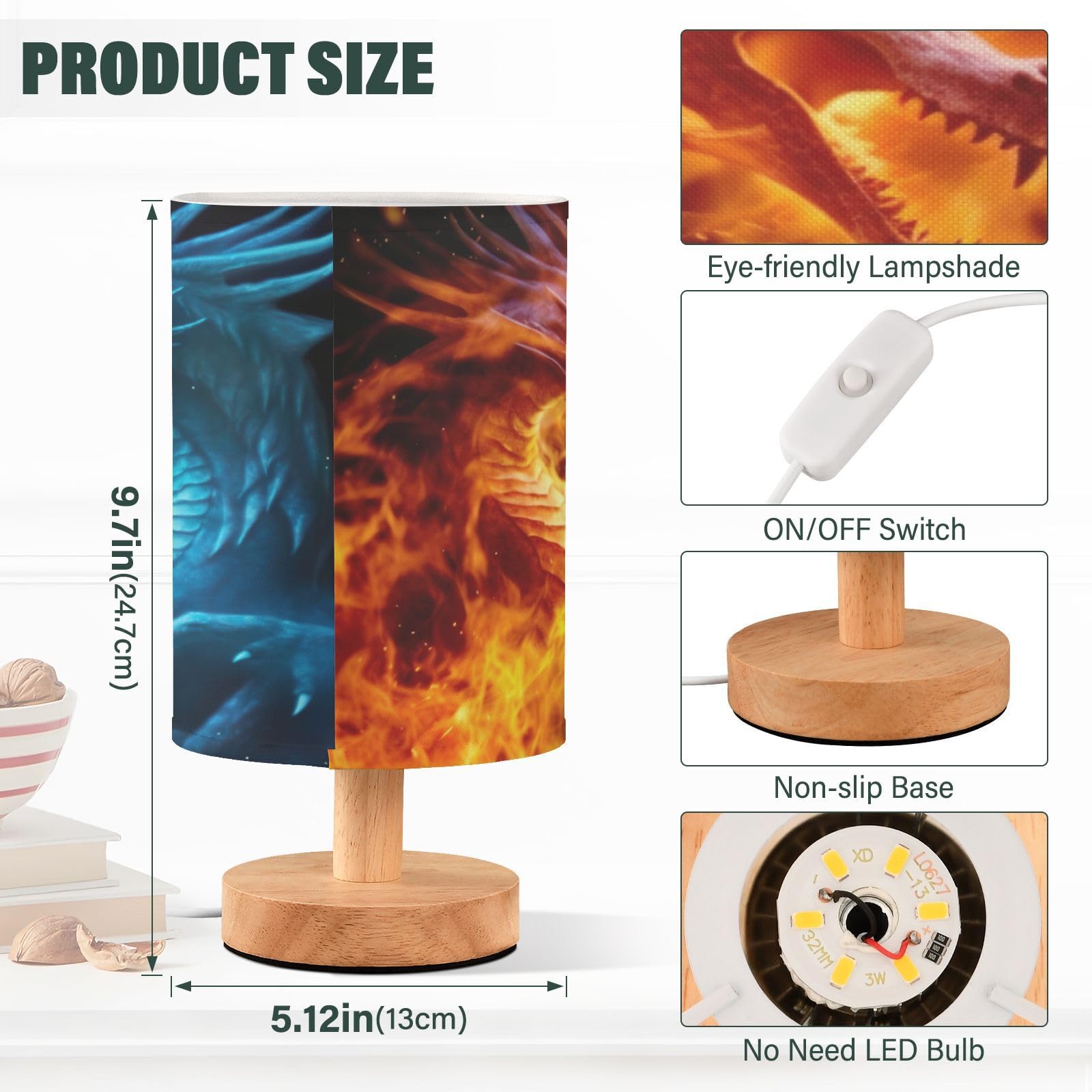 Kjizmo Fire Dragon And Ice Dragon Bedside Table Lamp With Usb Charging Ports Nightstand Lamp For Livingroom Bedroom Office Reading Working