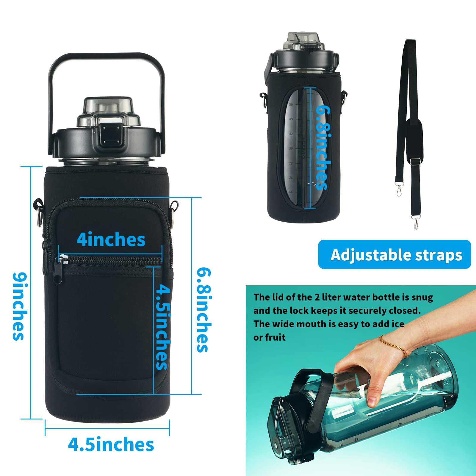 Ryi Half Gallon Water Bottle With Sleeve & Strap 64 Oz Motivational Water Bottles With Straw Large