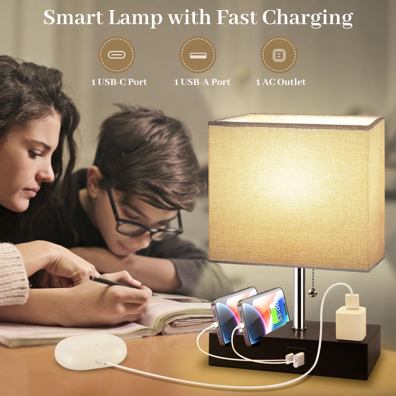 Yieelog Smart Rgb Dimmable Table Lamp Work With Alexa&App&Remote Control, Bedside Desk Lamp With Charging Ports&Outlet&Phone Stand, Music Sync Nightstand Lamp For Bedroom Living Room Office Dorm