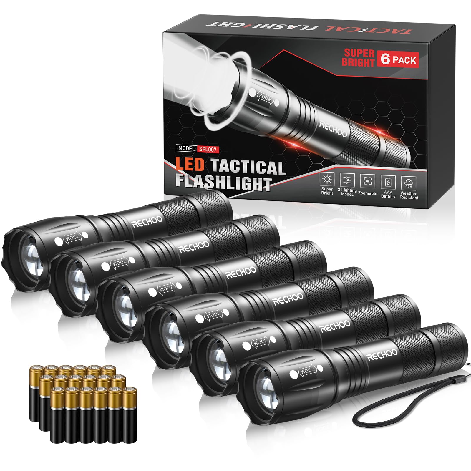 Rechoo Led Flashlights High Lumens 6 Pack, Powerful Tactical Flashlight With 3 Modes, Pocket Small Flash Light, Waterproof Zoomable Flashlights For Home Emergencies, Camping Essentials (Battery Included)