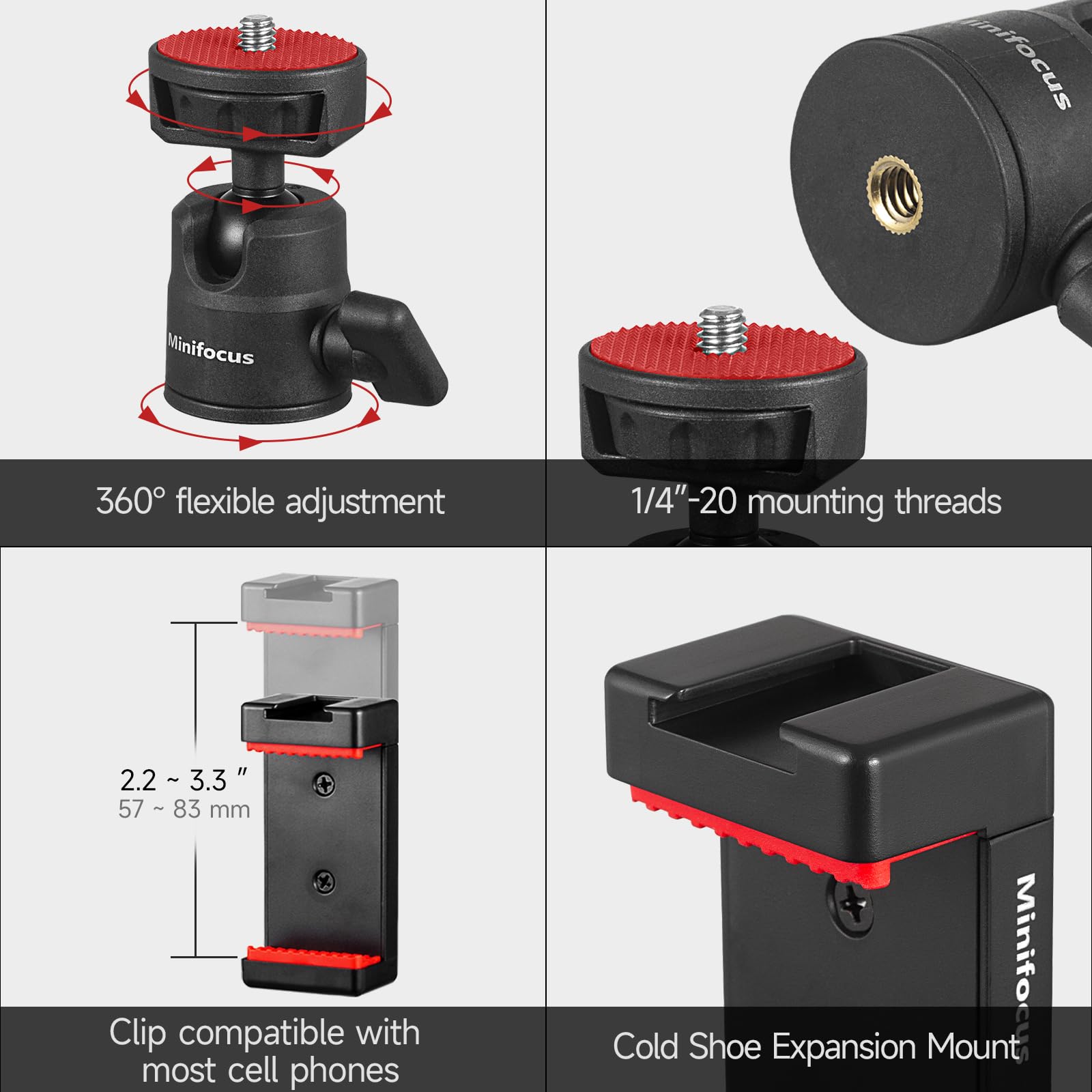 Minifocus Mini Camera Tripod Stand, Metal Phone Tripod With 360° Ball Head & Phone Holder, Portable Travel Tabletop Tripod Handle Grip For Dslr Camera Video Camcorder, Load Up To 4.4Lb/2Kg